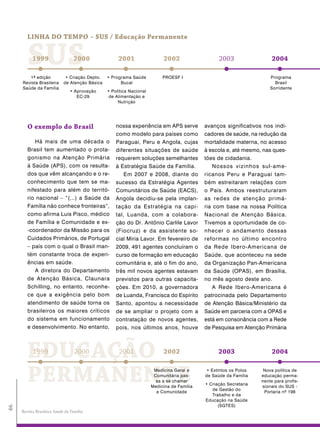LinHa Do tempo – sUs / educação permanente


        SUS1999

        1ª edição
                                  2000

                              • Criação Depto.
                                                      2001

                                                 • Programa Saúde
                                                                            2002

                                                                            PROESF I
                                                                                                   2003                  2004

                                                                                                                        Programa
     Revista Brasileira      de Atenção Básica         Bucal                                                              Brasil
     Saúde da Família                                                                                                   Sorridente
                                • Aprovação      • Política Nacional
                                   EC-29          de Alimentação e
                                                      Nutrição




        o exemplo do Brasil                          nossa experiência em APS serve          avanços significativos nos indi-
                                                     como modelo para países como            cadores de saúde, na redução da
           Há mais de uma década o                   Paraguai, Peru e Angola, cujas          mortalidade materna, no acesso
        Brasil tem aumentado o prota-                diferentes situações de saúde           à escola e, até mesmo, nas ques-
        gonismo na Atenção Primária                  requerem soluções semelhantes           tões de cidadania.
        à Saúde (APS), com os resulta-               à Estratégia Saúde da Família.              Nossos vizinhos sul-ame-
        dos que vêm alcançando e o re-                   Em 2007 e 2008, diante do           ricanos Peru e Paraguai tam-
        conhecimento que tem se ma-                  sucesso da Estratégia Agentes           bém estreitaram relações com
        nifestado para além do territó-              Comunitários de Saúde (EACS),           o País. Ambos reestruturaram
        rio nacional – “(...) a Saúde da             Angola decidiu-se pela implan-          as redes de atenção primá-
        Família não conhece fronteiras”,             tação da Estratégia na capi-            ria com base na nossa Política
        como afirma Luis Pisco, médico               tal, Luanda, com a colabora-            Nacional de Atenção Básica.
        de Família e Comunidade e ex-                ção do Dr. Antônio Carlile Lavor        Tivemos a oportunidade de co-
        -coordenador da Missão para os               (Fiocruz) e da assistente so-           nhecer o andamento dessas
        Cuidados Primários, de Portugal              cial Miria Lavor. Em fevereiro de       reformas no último encontro
        – país com o qual o Brasil man-              2009, 491 agentes concluíram o          da Rede Ibero-Americana de
        tém constante troca de experi-               curso de formação em educação           Saúde, que aconteceu na sede
        ências em saúde.                             comunitária e, até o fim do ano,        da Organização Pan-Americana
           A diretora do Departamento                três mil novos agentes estavam          da Saúde (OPAS), em Brasília,
        de Atenção Básica, Claunara                  previstos para outras capacita-         no mês agosto deste ano.
        Schilling, no entanto, reconhe-              ções. Em 2010, a governadora                A Rede Ibero-Americana é
        ce que a exigência pelo bom                  de Luanda, Francisca do Espírito        patrocinada pelo Departamento
        atendimento de saúde torna os                Santo, apontou a necessidade            de Atenção Básica/Ministério da
        brasileiros os maiores críticos              de se ampliar o projeto com a           Saúde em parceria com a OPAS e
        do sistema em funcionamento                  contratação de novos agentes,           está em consonância com a Rede
        e desenvolvimento. No entanto,               pois, nos últimos anos, houve           de Pesquisa em Atenção Primária




        EDUCAÇÃO
           1999                    2000               2001                  2002                   2003                  2004



        PERMANENTE                                                      Medicina Geral e
                                                                        Comunitária pas-
                                                                         sa a se chamar
                                                                       Medicina de Família
                                                                         e Comunidade
                                                                                              • Extintos os Polos
                                                                                             de Saúde da Família
                                                                                             • Criação Secretaria
                                                                                                de Gestão do
                                                                                                                     Nova política de
                                                                                                                    educação perma-
                                                                                                                    nente para profis-
                                                                                                                    sionais do SUS -
                                                                                                                     Portaria nº 198
                                                                                                Trabalho e da
                                                                                             Educação na Saúde
                                                                                                   (SGTES)
46




     Revista Brasileira Saúde da Família
 