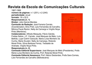 Revista da Escola de Comunicações Culturais
 1967-1968
 número de páginas: n.1 (251), n.2 (240)
 periodicidade: anual
 formato: 16 x 22,5
 Responsáveis (n. 1)
 Diretor: Júlio Garcia Mendes
 Comissão de Redação: José Ferreira Carrato
 (Coordenador), Dino Preti, Laís Fernandes de Carvalho,
 Mônica Paula Rector, Nelly de Camargo e Virgílio Noya
 Pinto (Membros).
 Colaboradores: Alfredo Mesquita, Flávio Galvão,
 Freitas Nobre, J.F. Carrato, José Marques de Melo, Luís
 Beltrão, Lupe Cotrim Garaude, Maria Luísa Monteiro da
 Cunha, Maria Scuderi, Nelly de Camargo, Rolando
 Morel Pinto, Sílvia Barbosa Ferraz, Teobaldo de
 Andrade, Virgílio Noya Pinto.
 Responsáveis (n. 2)
 Comissão Editorial Supervisora: José Marques de Melo (Presidente), Profa
 Maria Luísa Monteiro da Cunha, Prof. Rolando Morel Pinto.
 Comissão Editorial Assessora: Prof. Hélcio Deslandes, Profa Sara Correia,
 Laís Fernandes de Carvalho (Bibliotecária)
 