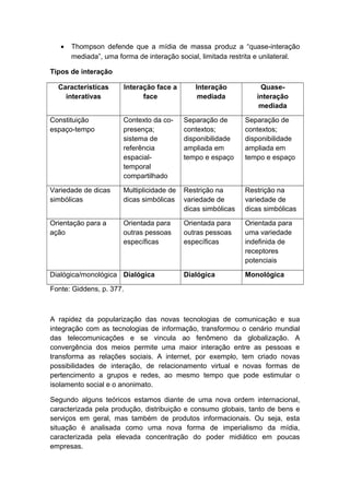 • Thompson defende que a mídia de massa produz a “quase-interação
mediada”, uma forma de interação social, limitada restrita e unilateral.
Tipos de interação
Características
interativas
Interação face a
face
Interação
mediada
Quase-
interação
mediada
Constituição
espaço-tempo
Contexto da co-
presença;
sistema de
referência
espacial-
temporal
compartilhado
Separação de
contextos;
disponibilidade
ampliada em
tempo e espaço
Separação de
contextos;
disponibilidade
ampliada em
tempo e espaço
Variedade de dicas
simbólicas
Multiplicidade de
dicas simbólicas
Restrição na
variedade de
dicas simbólicas
Restrição na
variedade de
dicas simbólicas
Orientação para a
ação
Orientada para
outras pessoas
específicas
Orientada para
outras pessoas
específicas
Orientada para
uma variedade
indefinida de
receptores
potenciais
Dialógica/monológica Dialógica Dialógica Monológica
Fonte: Giddens, p. 377.
A rapidez da popularização das novas tecnologias de comunicação e sua
integração com as tecnologias de informação, transformou o cenário mundial
das telecomunicações e se vincula ao fenômeno da globalização. A
convergência dos meios permite uma maior interação entre as pessoas e
transforma as relações sociais. A internet, por exemplo, tem criado novas
possibilidades de interação, de relacionamento virtual e novas formas de
pertencimento a grupos e redes, ao mesmo tempo que pode estimular o
isolamento social e o anonimato.
Segundo alguns teóricos estamos diante de uma nova ordem internacional,
caracterizada pela produção, distribuição e consumo globais, tanto de bens e
serviços em geral, mas também de produtos informacionais. Ou seja, esta
situação é analisada como uma nova forma de imperialismo da mídia,
caracterizada pela elevada concentração do poder midiático em poucas
empresas.
 