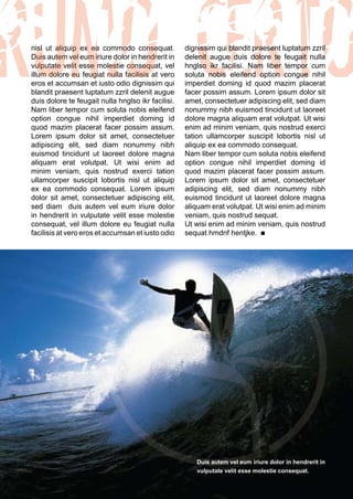 nisl ut aliquip ex ea commodo consequat.            dignissim qui blandit praesent luptatum zzril
Duis autem vel eum iriure dolor in hendrerit in     delenit augue duis dolore te feugait nulla
vulputate velit esse molestie consequat, vel        hnglso ikr facilisi. Nam liber tempor cum
illum dolore eu feugiat nulla facilisis at vero     soluta nobis eleifend option congue nihil
eros et accumsan et iusto odio dignissim qui        imperdiet doming id quod mazim placerat
blandit praesent luptatum zzril delenit augue       facer possim assum. Lorem ipsum dolor sit
duis dolore te feugait nulla hnglso ikr facilisi.   amet, consectetuer adipiscing elit, sed diam
Nam liber tempor cum soluta nobis eleifend          nonummy nibh euismod tincidunt ut laoreet
option congue nihil imperdiet doming id             dolore magna aliquam erat volutpat. Ut wisi
quod mazim placerat facer possim assum.             enim ad minim veniam, quis nostrud exerci
Lorem ipsum dolor sit amet, consectetuer            tation ullamcorper suscipit lobortis nisl ut
adipiscing elit, sed diam nonummy nibh              aliquip ex ea commodo consequat.
euismod tincidunt ut laoreet dolore magna           Nam liber tempor cum soluta nobis eleifend
aliquam erat volutpat. Ut wisi enim ad              option congue nihil imperdiet doming id
minim veniam, quis nostrud exerci tation            quod mazim placerat facer possim assum.
ullamcorper suscipit lobortis nisl ut aliquip       Lorem ipsum dolor sit amet, consectetuer
ex ea commodo consequat. Lorem ipsum                adipiscing elit, sed diam nonummy nibh
dolor sit amet, consectetuer adipiscing elit,       euismod tincidunt ut laoreet dolore magna
sed diam duis autem vel eum iriure dolor            aliquam erat volutpat. Ut wisi enim ad minim
in hendrerit in vulputate velit esse molestie       veniam, quis nostrud sequat.
consequat, vel illum dolore eu feugiat nulla        Ut wisi enim ad minim veniam, quis nostrud
facilisis at vero eros et accumsan et iusto odio    sequat hmdnf hentjke.




                                                       Duis autem vel eum iriure dolor in hendrerit in
                                                       vulputate velit esse molestie consequat.

12
 