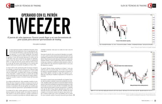 L
as velas japonesas pueden ser difíciles de descifrar y lleva
muchos años de experiencia. Esto es especialmente cier-
to en el mercado de divisas, ya que este mercado no tiene
una apertura y un cierre diario establecido. Esto puede
ser un problema para los traders de velas ya que la hora
de apertura y cierre del mercado determina el cuerpo real de
la vela diaria. Hay varios momentos que pueden ser utilizados,
como el cierre de Nueva York a las 10 GMT, la medianoche
GMT o el rango del mercado europeo desde las 6.00 am hasta
las 10 pm que del mismo modo pueden ser los criterios para
algunos traders que han ajustado sus gráficos en base a ellos.
La mayor parte de las operaciones entre los bancos europeos,
sin embargo, se realizan entre las 8:00 am y las 17:00, por lo que
es poco probable que un banco se interese por lo que sucede
entre las 22:00 GMT y las 00:00 GMT. El tema, sin embargo,
es muy discutible, y también tenemos la cuestión del mercado
abierto el domingo por la noche: ¿deberían los traders realmen-
te ignorar esa parte y esperar a la sesión europea del lunes para
empezar?
Las señales producidas por velas semanales resuelven el pro-
blema del marco temporal y también constituyen la base de un
excelente análisis gráfico que no sólo se puede utilizar para de-
terminar el sentimiento del mercado global, sino también para
encontrar excelentes operaciones y oportunidades de inversión.
Las señales de las velas, cuando aparecen en ciertos niveles de
precios, pueden ser de gran ayuda a los traders. El patrón de
vela Tweezer es uno de esos patrones y cuando se presenta se
convierte en un patrón muy poderoso señalando algunas opor-
tunidades excelentes, tanto para los traders de corto como de
largo plazo.
Este tipo de señal de vela es muy fácil de identificar en un gráfi-
co, pero ¿cuál es la mejor manera de incorporarlo dentro de una
estrategia? Si pasamos de la escala temporal semanal a la escala
diaria y observamos la acción del precio durante la semana tras
el patrón Tweezer inicial, el gráfico diario ofrece una importan-
te pista que comienza a confirmar la señal semanal, es decir, el
punto medio de la vela semanal en el gráfico diario es una zona
de resistencia o soporte.
Un patrón Tweezer alcista, mostrado en la Figura 1, sería una
señal para abrir una posición larga. Por lo tanto, buscar niveles
de soporte le permitirá planificar con precisión su posición, lo
que también significa controlar su riesgo. Por supuesto, es po-
sible que se pierda por completo la operación si el mercado no
retrocede.
Si se tiene en cuenta lo que está sucediendo con el patrón Twee-
zer, ello le ayudará a entender lo que está sucediendo en el mer-
cado. Aquellos traders que están en el mercado desde la semana
anterior están ahora atrapados en posiciones perdedoras ya que
el mercado se movió en contra de ellos. El resultado neto será
que la mayoría de los traders cerrarán sus posiciones. A aquellos
a los que les saltó el stop, estarán esperando para entrar en el
mercado de nuevo, pero desde el otro lado. Aquellos que están
atrapados en el mercado tratarán de esperar a que el precio lle-
gue a mejores niveles para cortar sus pérdidas. Esto se puede
ver muy a menudo cuando el mercado retrocede hacia el punto
operando con el patrón
Por Gareth Burgess
El patrón de velas japonesas Tweezer puede llegar a ser una herramienta de
gran ayuda para detectar oportunidades de trading
Tweezer
Figura 1. Patrón de velas Tweezer en el gráfico semanal.
Figura 2. La acción del precio se mueve a la baja de vuelta a la zona del patrón Tweezer. En algún momento, aparecerá una zona de soporte o resis-
tencia, mientras los operadores comienzan a variar sus posiciones.
GUÍA DE TÉCNICAS DE TRADING GUÍA DE TÉCNICAS DE TRADING
22 23
 