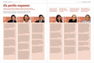 Quin paper ocupa l’educació en l’agenda de les diferents formacions polítiques?
Els seus representants valoren l’actualitat i expliquen quines són les seves prioritats.
Les properes eleccions marquen el tret de sortida d’una nova
legislatura que per a molts sectors ha de ser una oportunitat
de millora i de futur. També per a l’educació. Al llarg dels úl-
tims quatre anys, l’escola pública ha viscut canvis importants
per adaptar-se a les noves exigències, però també ha anat
perdent la seva normalitat. La FaPaC ha reunit els candidats
dels partits perquè donin la seva opinió sobre alguns dels te-
mes que més preocupen les famílies.
dossier central } temps d’ampa / TARDOR 2010 8 temps d’ampa { dossier central9
PP ICVPSC C’sERC
1 > La lluita contra el fracàs escolar que afecta,
fonamentalment, l’escola pública. Volem dignifi-
car-la amb més recursos a l’aula i més autonomia.
A més, volem augmentar la llibertat de les famílies
per poder escollir escola i model educatiu, des de
l’educació infantil fins als cicles postobligatoris
i possibilitar la seva gratuïtat revisant la política
dels concerts. Un tercer aspecte fonamental serà
dignificar la funció docent i donar més poder
als nostres professors a l’aula: tant per posar
les notes com per posar ordre.
2 > Invertir més en l’escola pública. Això vol dir
la reducció de les ràtios de mestres, l’augment
dels recursos del sistema i un nou enfocament
de la nostra educació per eliminar l’escola compren-
siva i la promoció automàtica, i posar més èmfasi
en l’exigència i l’esforç, un major control dels conei-
xements assolits a cada etapa i posar més atenció
a les assignatures instrumentals.
3 > La solució passa per implantar la cultura de
l’elecció. No creiem en mesures coactives de distri-
bució de l’alumnat ni de quotes. Pensem que és
més lògic oferir a tothom la possibilitat d’escollir
lliurement l’escola a la que vol anar i fer que realment
aquesta opció no suposi un sobrecost a les famílies.
Cal eliminar les actuals zones educatives perquè són
profundament segregadores: si l’elecció d’escola
ve determinada per la zona on viu la família, al final
les zones s’acaben convertir en guetos.
4 > És important i creiem que els pares han de
disposar de més temps i d’espais per dedicar-se
a l’educació dels fills. Impulsarem, dintre de les
mesures de conciliació de vida laboral i familiar,
noves fórmules com els permisos perquè les famílies
es puguin coordinar amb els tutors i els mestres
i puguin participar activament en els processos
electius i democràtics de les escoles.
1 > El canvi que volem passa per garantir el dret
a l’educació en un marc de llibertat; establir una
ofensiva de país contra el fracàs escolar; fer de cada
centre un centre de qualitat; fer de la formació
professional una política de país; afavorir el talent;
i fer que l’administració i els centres estiguin
al servei de l’educació.
2 > Farem de la competència lectora un punt central
de la lluita contra el fracàs escolar. Promourem
la detecció precoç de les dificultats dels alumnes
amb més formació del professorat, especialistes,
i amb major implicació de les famílies. Enfortirem
l’aprenentatge de les competències bàsiques
(lectura, raonament, expressió oral i escrita, càlcul).
Establirem un tutor personal d’aprenentatge per
als alumnes amb baix rendiment. Implantarem
la recuperació a l’estiu. Treballarem per reduir els
desavantatges inicials dels alumnes amb situacions
socials complexes.
3 > Dissenyarem zones educatives àmplies que
tindran en compte diversos criteris i que permetin
el compromís de tots els centres en l’escolarització
de tots els alumnes. L’atenció i els recursos per
a l’alumnat amb necessitats específiques la compar-
tiran els centres del Servei d’Educació de Catalunya
amb mecanismes de reserva de places o especia-
lització amb les dotacions adients. Implementarem
el programa “Escoles Palanca” per a entorns escolars
d’una dificultat especial.
4 > La carta de compromís educatiu ha de servir
perquè les famílies es comprometin fent seu el
projecte d’escola i les seves normes, incrementant
la col·laboració en el procés educatiu de l’alumne.
Han d’estar ben informades del desenvolupament
dels seus fills, implicades en els centres, corespon-
sables de la tasca docent, compromeses amb un
clima de respecte, participació i llibertat.
Potenciarem la seva implicació en els òrgans parti-
cipatius del sistema, en especial en els consells
escolars i en les AMPA.
1 > Cal impulsar i garantir un ensenyament públic
basat en els principis d’equitat, igualtat i qualitat.
És necessari un finançament suficient, com a mínim
un 6,3% del PIB destinat a educació, i eliminar
progressivament els concerts que no impliquin
compromís de servei públic. Incrementar les polí-
tiques d’equitat i ajuts en serveis complementaris,
com les beques menjador. Proposem un segon pla
d’escoles bressol públiques vist l’èxit del primer
pla que fa que aquest curs hagi 100.607 alumnes
de l’etapa 0-3 anys, el 58,3% al sector públic.
Aprovació d’una Llei d’Educació Permanent i de
formació al llarg de la vida.
2 > Volem un 85% d’èxit escolar, reforçant l’educació
pública com a eix vertebrador del conjunt del
sistema educatiu amb més i millors centres públics.
Cal revaloritzar la funció dels docents, comptant
constantment amb la seva participació i amb
incentius a la innovació educativa i a la renovació
pedagògica.
3 > Per garantir el dret a l’educació i a la igualtat
d’oportunitats cal un Pla d’Atenció Educativa
a la Diversitat, per l’actual repartiment desequilibrat
d’alumnat amb necessitats educatives especials,
com és el cas dels nouvinguts. Les experiències de
les Aules d’Acollida són molt positives, cal diferen-
ciar-les dels Espais de Benvinguda Educativa (EBE)
que proposem eliminar perquè fomenten l’exclusió.
4 > Implicar tota la ciutadania per desenvolupar
plenament un model d’educació inclusiva on totes
les persones ensenyen i aprenen, siguin infants,
mares i pares, voluntariat o el mateix professorat,
qui té la responsabilitat bàsica d’aquest procés.
Un centre educatiu amb un model de funcionament
on es potencia la relació amb les famílies i de la
comunitat amb els docents. Programes de formació
de les famílies en l’educació. Permisos retribuïts
en el món laboral per assistència a tutories
i consells escolars.
1 > Abordar els nous reptes ha de comportar una
segona transformació que implica determinar i
impulsar objectius de qualitat, equitat, i innovació.
La política educativa s’hauria d’orientar a consoli-
dar el model educatiu propi, millorar el rendiment,
adaptar l’activitat educativa a les noves exigències
de coneixement i integrar-la en un sol sistema que
superi qualsevol dualitat, assegurar la implantació
d’una nova cultura de l’avaluació escolar, prioritzar
el projecte educatiu de cada centre, eixamplar la
seva autonomia real, aconseguir el reconeixement
social i la dignificació de la funció docent, propiciar
el reconeixement i la participació de les famílies en la
tasca comuna d’educar, i aconseguir la col·laboració
horitzontal de tota la societat.
2 > Implica la necessitat de disposar de nous instru-
ments de gestió educativa i administrativa perquè els
centres escolars, mestres i professorat, i les famílies,
puguin actuar sobre la situació actual. El desplegament
de la LEC apunta en aquesta línia. Algunes de les
mesures: reforçar el primer cicle d’educació primària
per a garantir el coneixement correcte i a temps de
la leptoescriptura, i incentivar la permanència de
l’alumnat en els ensenyaments postobligatoris fins
els 18 anys.
3 > Plantegem una aposta per l’equitat educativa
que asseguri la igualtat d’oportunitats, sigui qui
sigui cadascú, tingui les circumstàncies socials que
tingui, incloses les de suport especial. L’equitat és
l’assegurament pel govern, a través del sistema
educatiu públic, sigui a través d’escoles públiques
pròpies, sigui a través d’escoles concertades.
Que l’oferta educativa arribi a tothom sense discri-
minacions possibles.
4 > Hem intentat expressar la necessitat d’una actua-
ció integrada de tots els agents educatius, que inclou
les famílies, amb el concepte de “societat educado-
ra”. L’educació correspon a tothom, no solament a
l’escola. La proposta d’una major complicitat dels
agents educatius va adreçada al professorat i també
a les famílies, al mateix alumnat, i a les adminis-
tracions. La presència de les famílies en les procés
educatiu s’hauria de garantir a través d’una major
presència de contacte regular entre família i esco-
la, una acció tutorial més àmplia i un major volum
d’intercanvi d’informació educativa i escolar.
1 > Reduir el fracàs escolar situat en el 30% de
l’alumnat. La pedagogia de la promoció automàtica
juntament amb la manca de mitjans i d’implicació
de les famílies són les principals causes d’abando-
nament escolar molt superior a la mitjana europea.
Volem una educació trilingüe. A Catalunya, un bon
coneixement del català, castellà i una llengua
estrangera, preferentement l’anglès, és garantia
d’igualtat d’oportunitats. Un dels nostres objec-
tius és establir que castellà i català siguin llengües
d’ensenyament a les aules, amb una presència
d’un 40% per a cada llengua oficial i d’un 20%
per a la llengua estrangera.
2 > Augmentarem la inversió pública en educació
fins situar-nos en la mitjana europea, prioritzant
l’escola pública. En l’aprenentatge reforçarem
la comprensió lectora, el raonament, el càlcul,
l’expressió oral i escrita, les competències digitals
i el tractament de la informació, l’expressió artística.
Establirem un tutor personal per orientar els alum-
nes amb baix rendiment. Potenciarem l’esport
com eina per millorar hàbits i comportaments
en alumnes amb risc de fracàs escolar.
3 > Establirem més controls per evitar que la
concertada seleccioni el seu alumnat. La integració
en el sistema educatiu s’ha de realitzar a través
de les aules d’acollida sense que comporti un
adoctrinament identitari.
4 > Potenciant la participació de les famílies en
els consells escolars i les AMPA. Plasmant un com-
promís educatiu entre famílies i centre a través del
qual la família s’hi comprometi i faci seu el projecte
educatiu d’escola i augmenti la seva col·laboració
en el procés educatiu.
1 > L’educació és una prioritat de país i de govern,
un assumpte que implica tota la societat. Caldrà
continuar desplegant la Llei d’educació, consolidar
el servei públic educatiu, garantint la qualitat,
l’equitat i l’excel·lència educatives, sense perdre
de vista la necessària cohesió social. En un context
de crisi i d’internacionalització de l’economia,
ampliar la formació professional i la formació al llarg
de la vida són reptes que han de permetre situar-nos
com a país competitiu i capdavanter. Donarem
suport al programa d’escoles obertes que asseguri
que els centres puguin obrir entre l’1 de setembre
i el 31 de juliol amb activitats de lleure educatiu.
2 > Millorar els recursos del sistema educatiu
com preveu la LEC aconseguint en vuit anys que
la inversió educativa sigui un 6% del PIB. També,
fent un reconeixement clar de la feina dels profes-
sionals de l’educació i promovent que famílies
i escoles treballin conjuntament, complementant
i reforçant l’acció educativa d’ambdues institucions.
3 > Avançar en la coresponsabilitat de tots els
centres educatius, públics i concertats, per acon-
seguir una escolarització equilibrada de l’alumnat.
Caldrà desenvolupar moltes de les mesures contem-
plades en el Pacte Nacional per l’Educació, com ara
els contractes-programa, i que en aquests quatre
anys han estat poc valorades.
4 > L’educació comença a casa, es treballa a l’escola
i continua a la plaça pública. Una de les prioritats
és afavorir una major implicació de les famílies
a través de mesures concretes i ben coordinades
des del Govern. Proposem la creació d’una secre-
taria de Família amb una clara projecció educativa.
Millorar els ajuts a l’alumnat o reforçar l’orientació
educativa adreçada a les famílies són cabdals
per afavorir la imprescindible participació de les
famílies en l’educació.
ALICIA SÁNCHEZ
CAMACHO
ciu
artur
mas
joan
herrera
MONTSERRAT
TURA
albert
rivera
joan
puigcercós
Els partits responen
1 > De cara a la nova
legislatura, quines són
les vostres prioritats
en matèria educativa?
2 > Quines mesures
teniu previst impulsar
per millorar l’èxit escolar
a Catalunya?
3 > Davant la concentració
d’alumnat nouvingut, què
proposeu per solucionar
la segregació escolar?
4 > Què plantegeu per
millorar la participació de
les famílies en el procés
educatiu dels fills?
 