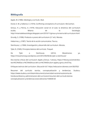Bibliografía
Apple, M. (1986). Ideología y currículo. Akal.
Eisner, E. W. y Vallance, E. (1974). Conflicting conceptions of curriculum. McCutchan.
Giroux, H. y Penna, A. (1979). Educación social en el aula: la dinámica del currículum
oculto. Miseria de la Sociología.
http://miseriadelasociologia.blogspot.com/2010/11/giroux-y-la-teoria-del-curriculum.html
Grundy, S. (1998). Producto o praxis del currículum (3.ª ed.). Morata.
Habermas, J. (1987). Teoría de la acción comunicativa. Taurus.
Stenhouse, L. (1984). Investigación y desarrollo del currículum. Morata.
Tyler, R. (1949). Principios básicos del currículo. Troquel.
De Tyler a Stenhouse. (2012). Movámonos ya.
https://movamonosya.wordpress.com/2012/06/06/de-tyler-a-stenhouse/
Dos teorías críticas del currículum: Apple y Giroux. 1Library. https://1library.co/article/dos-
teor%C3%ADas-cr%C3%ADticas-del-curr%C3%ADculum-apple-y-girou.zlnx57oq
Enfoques teóricos del currículum. Educación IoT. https://educacion.idoneos.com/363702/
Resumen del currículo: teorías, conceptualización y tendencias. Studocu.
https://www.studocu.com/latam/document/universidad-nacional-autonoma-de-
honduras/diseno-y-administracion-del-curriculum/resumen-del-curriculo-teorias-
conceptualizacion-y-tendencias-ecoe-ediciones/144838120
 