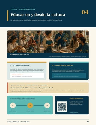 TEMA 04 · SOCIEDAD Y CULTURA
Educar en y desde la cultura
La educación recibe significados sociales, los examina y también los transforma
04
AULA, MEMORIA Y VIDA COLECTIVA
Toda experiencia educativa dialoga con saberes, valores y problemas de su tiempo.
01 · EL CURRÍCULO ES SITUADO
Seleccionar qué saberes se enseñan expresa una visión de sociedad. El
currículo recoge lenguajes, memorias y tensiones culturales; por eso
no puede diseñarse al margen de la historia ni de quienes aprenden.
PREGUNTA CURRICULAR
¿Qué cultura se legitima y qué voces quedan fuera?
02 · UNA RELACIÓN DE DOBLE VÍA
La educación transmite bienes culturales, pero no se limita a conservarlos. Al
contrastar experiencias con conocimiento y diálogo, ayuda a cuestionar prejuicios,
crear respuestas nuevas y ampliar las posibilidades de la vida común.
CLAVE PRÁCTICA
Comprender el contexto para actuar responsablemente sobre él.
EJEMPLO UNIVERSITARIO · ENERGÍA, TERRITORIO Y COMUNIDAD
El conocimiento científico conversa con la experiencia local
En Física, el grupo estudia el consumo energético de su entorno, escucha a la comunidad y contrasta prácticas locales con mediciones. Luego propone mejoras técnicamente viables
y culturalmente pertinentes: aprender se convierte en participación social.
EL MOVIMIENTO CULTURAL DEL CURRÍCULO
01
RECIBIR
saberes y memorias
02
INTERPRETAR
tensiones y sentidos
03
TRANSFORMAR
decisiones y futuros
LECTURA RECOMENDADA
La construcción cultural del currículo:
reflexiones en clave latinoamericana
Andrés Mora Ramírez (2014)
Universidad Nacional de Costa Rica.
ESCANEA O HAZ CLIC
TEORÍA CURRICULAR | EDICIÓN 2026 18
 