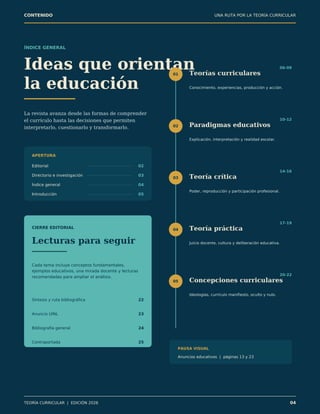 CONTENIDO UNA RUTA POR LA TEORÍA CURRICULAR
ÍNDICE GENERAL
Ideas que orientan
la educación
La revista avanza desde las formas de comprender
el currículo hasta las decisiones que permiten
interpretarlo, cuestionarlo y transformarlo.
APERTURA
Editorial 02
Directorio e investigación 03
Índice general 04
Introducción 05
CIERRE EDITORIAL
Lecturas para seguir
Cada tema incluye conceptos fundamentales,
ejemplos educativos, una mirada docente y lecturas
recomendadas para ampliar el análisis.
Síntesis y ruta bibliográfica 22
Anuncio UINL 23
Bibliografía general 24
Contraportada 25
01
06-09
Teorías curriculares
Conocimiento, experiencias, producción y acción.
02
10-12
Paradigmas educativos
Explicación, interpretación y realidad escolar.
03
14-16
Teoría crítica
Poder, reproducción y participación profesional.
04
17-19
Teoría práctica
Juicio docente, cultura y deliberación educativa.
05
20-22
Concepciones curriculares
Ideologías, currículo manifiesto, oculto y nulo.
PAUSA VISUAL
Anuncios educativos | páginas 13 y 23
TEORÍA CURRICULAR | EDICIÓN 2026 04
 