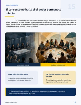 15
TEMA 3 · TEORÍA CRÍTICA
El consenso no basta si el poder permanece
intacto
TEMA 3 · TEORÍA CRÍTICA 15
CONSENSO APARENTE DIÁLOGO DEMOCRÁTICO
Se escucha sin ceder poder
La decisión ya está definida; participar
solo legitima lo acordado por otros.
Las razones pueden cambiar la
decisión
Todas las personas pueden cuestionar,
argumentar e influir sin presiones.
La participación es auténtica cuando las voces presentes tienen capacidad
efectiva de transformar el acuerdo.
La Teoría Crítica nos recuerda que llamar a algo "consenso" no lo vuelve democrático de
forma automática. Si unas cuantas voces controlan la información, marcan los límites del debate o
toman las decisiones de antemano, la participación se convierte en un simple espejismo que oculta las
relaciones de poder en lugar de transformarlas.
 