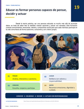 19
TEMA 4 · TEORÍA PRÁCTICA
Educar es formar personas capaces de pensar,
decidir y actuar
TEMA 4 · TEORÍA PRÁCTICA 19
01 PENSAR
Analiza, interpreta y cuestiona.
02 JUZGAR
Delibera con valores y
responsabilidad.
03 CONVIVIR
Escucha, coopera y participa.
04 SENTIR
Reconoce emociones, dignidad y
cuidado.
CONOCER → DELIBERAR → DECIDIR → ACTUAR CON RESPONSABILIDAD
LECTURA RECOMENDADA https://www.oecd.org/en/about/projects/future-of-education-and-skills-2030.html
Desde la teoría práctica, ser una persona educada va mucho más allá de acumular
datos: se trata de saber leer la realidad, evaluar opciones y actuar con sensatez. Esta formación
conecta conocimientos, emociones, valores y compromiso social para que cada individuo participe en
la vida comunitaria de forma autónoma, consciente y con criterio propio.
 