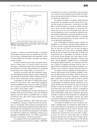 37
Ter Man. 2012; 10(47):34-39
Priscila O. Januário, Ariela T. Cruz, Ana G. Garcez, et al.
velmente, a melhora da assimetria facial, a promoção
da atividade muscular facial com padrões de movimen-
tos funcionais, restabelecimento das expressões faciais
e das atividades da vida diária, discutidos nos experi-
mentos a seguir.
O sistema neuromuscular facial está ligado direta-
mente à função física, ao contexto social e bem-estar
psicológico. A deﬁciência desse sistema pode resultar in-
tensa assimetria da face comprometendo as atividades
da vida diária como comer, beber e se comunicar(15)
.
Pacientes acometidos pela PFP manifestam angús-
tias, diﬁculdades de relacionamento social e proﬁssional,
necessitando de tratamento médico imediato e ﬁsioterá-
pico ao mesmo tempo para um bom prognóstico(16)
.
A qualidade de vida pode ser afetada pelo acome-
timento do nervo facial, mas a intervenção terapêutica
através do BFB/EMG pode promover conforto psicológico
com a melhora da aparência física e habilidades de pis-
car os olhos, comer, beber e falar(17)
.
Um estudo utilizando laser de baixa intensidade na
paralisia facial em dois pacientes e dois com parestesia
observou que 50% deles se restabeleceram e o restan-
te melhorou 70%, além de ter proporcionado aumento
da auto-estima(18)
.
Uma pesquisa utilizando o BFB / EMG como técni-
ca terapêutica, comparou o desenvolvimento de sincine-
sias e a recuperação clínica através de exercícios tera-
pêuticos no tratamento da paralisia facial de Bell (PB). A
comparação dos resultados dos dois grupos de pacien-
tes com PB, com características parecidas, mas tratados
com diferentes métodos de reabilitação, mostra que a
utilização do BFB/EMG produz uma melhor recuperação
funcional e neurológica, em alguns pacientes(19)
.
Um programa clínico para paralisia facial foi descri-
to, incluindo exercícios de frente ao espelho, o BFB/EMG
e programas de exercícios domiciliares para pacientes
com mais de 2 anos de lesão do nervo facial. Os resulta-
dos do estudo demonstraram melhorias na função facial
no período de tratamento(20)
.
Um estudo controlado, escolhendo aleatoriamente
os pacientes com paralisia do nervo facial crônica, divi-
diu dois grupos de tratamento: treinamento com BFB/
EMG e exercícios faciais em frente ao espelho sozinho.
Para o grupo controle participaram um grupo de indi-
víduos que vivem em uma comunidade rural. Após um
ano de tratamento, foram encontradas melhorias esta-
tisticamente signiﬁcativas nos grupos tratados com res-
peito à simetria do movimento voluntário e as medidas
lineares das expressões faciais. No grupo controle, não
houve alterações signiﬁcativas(21)
.
Uma investigação foi realizada sobre a eﬁcácia do
BFB/EMG no controle dos músculos faciais afetados na
PB antes, durante e após tratamento através de um es-
tudo de caso de uma jovem com 28 anos de idade e
tempo de lesão de 15 anos. Foram realizadas sessões
de 30 minutos ao longo de três semanas. O objetivo do
treinamento com o biofeedback foi coincidir a ativida-
de muscular do lado afetado com o lado sadio da ativi-
dade dos músculos masseter, zigomático e orbicular dos
olhos. Foram adotadas medidas físicas e comparação
dos registros eletromiográﬁcos. Os resultados indicaram
que o objetivo de adequar atividade muscular entre os
lados faciais foi realizada para músculos masseter e zi-
gomático, mas não para o músculo orbicular do olho(22)
.
Um estudo clínico foi realizado em 4 pacientes aco-
metidos pela paralisia facial periférica idiopática, trata-
dos com laser de baixa intensidade . Nenhum grupo con-
trole foi utilizado neste estudo. Utilizaram o arseneto de
gálio e alumínio com laser de diodo de 780 nm, 50mW,
emissão de ondas contínuas, tamanho do ponto 3 mm,
e total dosagem 20 Joules por sessão, distribuído na tra-
jetória periférica do nervo lesado por modo de ponto de
contato no total de 24 sessões , período de 12 sema-
na consecutivas, duas vezes por semana. A duração da
lesão dos pacientes variou de 23 dias até 27 anos. Ne-
nhuma explicação foi dada para a escolha da dosimetria
utilizada. A escala de House-Brackman foi utilizada pré
e pós- tratamento. Os resultados indicaram que todos
os pacientes apresetaram melhora que varia entre um e
três graus na classiﬁcação de House-Brackmann(23)
Um estudo no período de 6 anos foi descrito utili-
zando a radiação laser com arseneto de gálio 904nm e
hélio neônio 632,8nm em pacientes com paralisia facial.
A duração das lesões variou de 2 dias a 150 dias. Foram
divididos 3 grupos de tratamento. O primeiro grupo
composto por pacientes com 15 dias de lesão. O segun-
do grupo com mais de 15 dias após lesão e o terceiro
grupo de pacientes com mais de 2 anos de lesão. Os pa-
râmetros utilizados foram irradiações em uma série de
ramiﬁcações do nervo facial em oito diferentes áreas, 5
Figura 2. Comparação entre o grupo BFB e Laser na função
bem-estar social avaliados pelo IIF.
*p<=0,05
 
