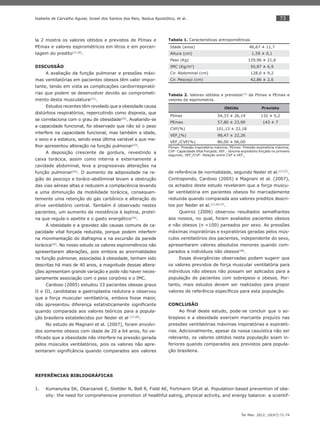 73
Ter Man. 2012; 10(47):71-74
Isabella de Carvalho Aguiar, Israel dos Santos dos Reis, Nadua Apostólico, et al.
la 2 mostra os valores obtidos e previstos de PImax e
PEmax e valores espirométricos em litros e em porcen-
tagem do predito(17,20)
.
DISCUSSÃO
A avaliação da função pulmonar e pressões máxi-
mas ventilatórias em pacientes obesos têm valor impor-
tante, tendo em vista as complicações cardiorrespirató-
rias que podem se desenvolver devido ao comprometi-
mento desta musculatura(21)
.
Estudos recentes têm revelado que a obesidade causa
distúrbios respiratórios, repercutindo como dispneia, que
se correlaciona com o grau de obesidade(22)
. Avaliando-se
a capacidade funcional, foi observado que não só o peso
interfere na capacidade funcional, mas também a idade,
o sexo e a estatura, sendo essa última variável a que me-
lhor apresentou alteração na função pulmonar(23)
.
A deposição crescente de gordura, revestindo a
caixa torácica, assim como interna e externamente a
cavidade abdominal, leva a progressivas alterações na
função pulmonar(22)
. O aumento da adiposidade na re-
gião do pescoço e toráco-abdôminal levam a obstrução
das vias aéreas altas e reduzem a complacência levando
a uma diminuição da mobilidade torácica, consequen-
temente uma retenção do gás carbônico e alteração do
drive ventilatório central. Também é observado nestes
pacientes, um aumento da resistência à leptina, proteí-
na que regula o apetite e o gasto energético(24)
.
A obesidade e a gravidez são causas comuns de ca-
pacidade vital forçada reduzida, porque podem interferir
na movimentação do diafragma e na excursão da parede
torácica(25)
. No nosso estudo os valores espirométricos não
apresentaram alterações, pois embora as anormalidades
na função pulmonar, associadas à obesidade, tenham sido
descritas há mais de 40 anos, a magnitude dessas altera-
ções apresentam grande variação e pode não haver neces-
sariamente associação com o peso corpóreo e o IMC.
Cardoso (2005) estudou 33 pacientes obesas graus
II e III, candidatas a gastroplastia redutora e observou
que a força muscular ventilatória, embora fosse maior,
não apresentou diferença estatisticamente signiﬁcante
quando comparada aos valores teóricos para a popula-
ção brasileira estabelecidos por Neder et al (17,26)
.
No estudo de Magnani et al. (2007), foram envolvi-
dos somente obesos com idade de 20 a 64 anos, foi ve-
riﬁcado que a obesidade não interfere na pressão gerada
pelos músculos ventilatórios, pois os valores não apre-
sentaram signiﬁcância quando comparados aos valores
de referência de normalidade, segundo Neder et al.(17,27)
.
Contrapondo, Cardoso (2005) e Magnani et al. (2007),
os achados deste estudo revelaram que a força muscu-
lar ventilatória em pacientes obesos foi marcadamente
reduzida quando comparada aos valores preditos descri-
tos por Neder et al.(17,26,27)
.
Queiroz (2006) observou resultados semelhantes
aos nossos, no qual, foram avaliados pacientes obesos
e não obesos (n =100) pareados por sexo. As pressões
máximas inspiratórias e expiratórias geradas pelos mús-
culos ventilatórios dos pacientes, independente do sexo,
apresentaram valores absolutos menores quando com-
parados a indivíduos não obesos(28)
.
Essas divergências observadas podem sugerir que
os valores previstos de força muscular ventilatória para
indivíduos não obesos não possam ser aplicados para a
população de pacientes com sobrepeso e obesos. Por-
tanto, mais estudos devem ser realizados para propor
valores de referência especíﬁcos para esta população.
CONCLUSÃO
Ao ﬁnal deste estudo, pode-se concluir que o so-
brepeso e a obesidade exercem marcante prejuízo nas
pressões ventilatórias máximas inspiratórias e expirató-
rias. Adicionalmente, apesar da nossa casuística não ser
relevante, os valores obtidos nesta população soam in-
feriores quando comparados aos previstos para popula-
ção brasileira.
Tabela 1. Características antropométricas.
Idade (anos) 46,67 ± 11,7
Altura (cm) 1,59 ± 0,1
Peso (Kg) 129,96 ± 21,6
IMC (Kg/m2
) 50,87 ± 6,9
Cir. Abdominal (cm) 128,0 ± 9,2
Cir. Pescoço (cm) 42,86 ± 2,6
Tabela 2. Valores obtidos e previstos(17)
da PImax e PEmax e
valores da espirometria.
Obtido Previsto
PImax 54,33 ± 26,14 132 ± 5,2
PEmax 57,80 ± 23,90 143 ± 7
CVF(%) 101,13 ± 22,18
VEF1
(%) 98,47 ± 22,26
VEF1
/CVF(%) 80,00 ± 06,00
PImax- Pressão inspiratória máxima; PEmax- Pressão expiratória máxima;
CVF- Capacidade Vital Forçada; VEF1
- Volume expiratório forçado no primeiro
segundo; VEF1
/CVF- Relação entre CVF e VEF1
.
REFERÊNCIAS BIBLIOGRÁFICAS
Kumanyika SK, Obarzanek E, Stettler N, Bell R, Field AE, Fortmann SP,et al. Population-based prevention of obe-1.
sity: the need for comprehensive promotion of healthful eating, physical activity, and energy balance: a scientif-
 