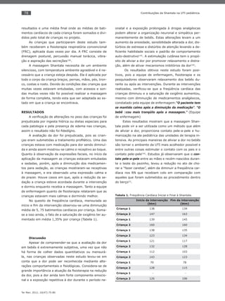 78
Ter Man. 2012; 10(47):75-80
Contribuições da Shantala na UTI pediátrica.
resultados e uma média ﬁnal onde as médias de bati-
mentos cardíacos de cada criança foram somados e divi-
didos pelo total de crianças no projeto.
As crianças que participaram deste estudo tam-
bém receberam a ﬁsioterapia respiratória convencional
(FRC), aplicada duas vezes por dia. A FRC consiste de
drenagem postural, percussão manual torácica, vibra-
ção e aspiração das secreções(18)
.
A massagem Shantala necessita de um ambiente
silencioso, com temperatura ambiente agradável e é ne-
cessário que a criança esteja despida. Ela é aplicada por
todo o corpo da criança braços, pernas, mãos, pés, tron-
co, costas e rosto. Devido às condições das crianças que
muitas vezes estavam entubadas, com acessos e son-
das muitas vezes não foi possível realizar a massagem
de forma completa, tendo esta que ser adaptada ao es-
tado em que a criança se encontrava.
RESULTADOS
A veriﬁcação de alterações no peso das crianças foi
prejudicada por ingesta hídrica ou dietas especiais para
cada patologia e pela presença de edema nas crianças,
assim o resultado não foi ﬁdedígno.
A avaliação da dor foi prejudicada, pois as crian-
ças eram submetidas a tratamento proﬁlático. Uma das
crianças estava com medicação para dor sendo diminuí-
da e ainda assim mostrou-se calmo e receptivo ao toque.
Quanto à observação de expressões faciais, no início da
aplicação da massagem as crianças estavam entubadas
e sedadas, porém, após a diminuição dos medicamen-
tos para sedação, as crianças mostraram-se receptivas
à massagem, e era observado uma expressão calma e
de prazer. Houve casos em que, após a redução da se-
dação a criança esteve acordada durante a intervenção
e dormiu enquanto recebia a massagem. Tanto a equipe
de enfermagem quanto de ﬁsioterapia relataram que as
crianças estavam mais calmas e dormindo melhor.
No quesito de freqüência cardíaca, mensurada ao
início e ﬁm da intervenção observou-se uma diminuição
média de 5, 75 batimentos cardíacos por criança. Soma-
se a isso ainda, o fato de a saturação de oxigênio ter au-
mentado em média 1,35% por criança (Tabela 1).
Discussão
Apesar de compreender-se que a avaliação da dor
em bebês é extremamente subjetiva, uma vez que não
há forma de colher dados quantitativos ou mensurá-
la, nas crianças observadas neste estudo levou-se em
conta que a dor pode ser reconhecida mediante alte-
rações comportamentais e ﬁsiológicas. Considera-se de
grande importância a atuação da ﬁsioterapia na redução
da dor, pois a dor ainda tem forte componente emocio-
nal e a exposição repetitiva à dor durante o período ne-
onatal e a exposição prolongada à drogas analgésicas
podem alterar a organização neuronal e simpática per-
manentemente de bebês. Estas alterações levam a um
aumento da ansiedade, sensibilidade alterada a dor, dis-
túrbios de estresse e distúrbio de atenção levando a de-
ﬁciente habilidade sociais e padrão de comportamento
auto-destrutivo(19)
. A estimulação cutânea tem o propó-
sito de aliviar a dor por promover relaxamento e distra-
ção, além de ativar mecanismos inibitórios da dor(16)
.
Os resultados obtivos neste estudo foram posi-
tivos, pois a equipe de enfermagem, ﬁsioterapia e os
pesquisadores observaram relaxamento dos bebês du-
rante ou após as intervenções. Durante as intervenções
realizadas, veriﬁcou-se que a freqüência cardíaca das
crianças diminuiu e a saturação de oxigênio aumentou,
mesmo com diminuição de medicamentos analgésicos,
constatado pela equipe de enfermagem:“O paciente tem
se mantido calmo após a diminuição da medicação”. “O
bebê ﬁcou mais tranqüilo após a massagem.” (Equipe
de enfermagem)
Estes resultados mostram que a massagem Shan-
tala pode vir a ser utilizada como um método que além
de aliviar a dor, proporciona contato pele-a-pele e hu-
manização na ala pediátrica das unidades de terapia in-
tensiva. As principais maneiras de aliviar a dor no bebês
são tornar o ambiente da UTI mais acolhedor possível e
entre outras coisas estimular o contato com os pais e o
contato pele-pele(16)
. Estudos já observaram que o con-
tato pele-a-pele entre as mães e recém-nascidos duran-
te o teste do pezinho, levou a redução no ato de cho-
rar e “fazer caretas”, além da diminuir a freqüência car-
díaca nos RN que recebiam colo em comparação com
aqueles que foram submetidos ao procedimento dentro
do berço(3)
.
Tabela 1. Freqüência Cardíaca Inicial e Final à Shantala.
Inicio da intervenção
(btm)
Fim da intervenção
(btm)
Criança 1 138 134
Criança 2 147 163
Criança 1 139 145
Criança 2 160 160
Criança 1 138 135
Criança 2 123 134
Criança 1 121 117
Criança 2 132 128
Criança 1 112 103
Criança 2 143 123
Criança 1 70 78
Criança 2 128 115
Criança 1 - -
Criança 2 126 106
 