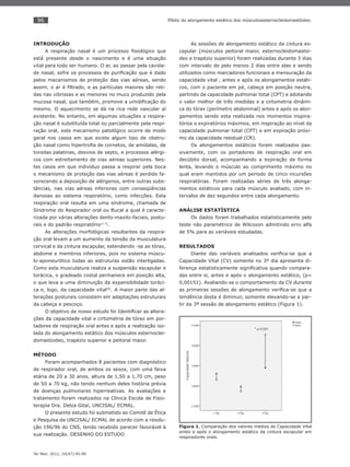 96
Ter Man. 2012; 10(47):95-99
Efeito do alongamento estático dos músculosesternocleidomastóideo.
INTRODUÇÃO
A respiração nasal é um processo ﬁsiológico que
está presente desde o nascimento e é uma situação
vital para todo ser humano. O ar, ao passar pela cavida-
de nasal, sofre os processos de puriﬁcação que é dado
pelos mecanismos de proteção das vias aéreas, sendo
assim, o ar é ﬁltrado, e as partículas maiores são reti-
das nas vibrissas e as menores no muco produzido pela
mucosa nasal, que também, promove a umidiﬁcação do
mesmo. O aquecimento se dá na rica rede vascular aí
existente. No entanto, em algumas situações a respira-
ção nasal é substituída total ou parcialmente pela respi-
ração oral, este mecanismo patológico ocorre de modo
geral nos casos em que existe algum tipo de obstru-
ção nasal como hipertroﬁa de cornetos, de amídalas, de
tonsilas palatinas, desvios de septo, e processos alérgi-
cos com estreitamento de vias aéreas superiores. Nes-
tes casos em que indivíduo passa a respirar pela boca
o mecanismo de proteção das vias aéreas é perdido fa-
vorecendo a deposição de alérgenos, entre outras subs-
tâncias, nas vias aéreas inferiores com conseqüências
danosas ao sistema respiratório, como infecções. Esta
respiração oral resulta em uma síndrome, chamada de
Síndrome do Respirador oral ou Bucal a qual é caracte-
rizada por várias alterações dento-maxilo-faciais, postu-
rais e do padrão respiratório(1-7)
.
As alterações morfológicas resultantes da respira-
ção oral levam a um aumento da tensão da musculatura
cervical e da cintura escapular, estendendo -se ao tórax,
abdome e membros inferiores, pois no sistema múscu-
lo-aponeurótico todas as estruturas estão interligadas.
Como esta musculatura realiza a suspensão escapular e
torácica, o gradeado costal permanece em posição alta,
o que leva a uma diminuição da expansibilidade toráci-
ca e, logo, da capacidade vital(8)
. A maior parte das al-
terações posturais consistem em adaptações estruturais
da cabeça e pescoço.
O objetivo de nosso estudo foi Identiﬁcar as altera-
ções da capacidade vital e cirtometria de tórax em por-
tadores de respiração oral antes e após a realização iso-
lada do alongamento estático dos músculos esternoclei-
domastoideo, trapézio superior e peitoral maior.
MÉTODO
Foram acompanhados 8 pacientes com diagnóstico
de respirador oral, de ambos os sexos, com uma faixa
etária de 20 a 30 anos, altura de 1,50 a 1,70 cm, peso
de 50 a 70 kg, não tendo nenhum deles história prévia
de doenças pulmonares hiperreativas. As avaliações e
tratamento foram realizados na Clínica Escola de Fisio-
terapia Dra. Delza Gitaí, UNCISAL/ ECMAL.
O presente estudo foi submetido ao Comitê de Ética
e Pesquisa da UNCISAL/ ECMAL de acordo com a resolu-
ção 196/96 do CNS, tendo recebido parecer favorável à
sua realização. DESENHO DO ESTUDO
As sessões de alongamento estático da cintura es-
capular (músculos peitoral maior, esternocleidomastoi-
deo e trapézio superior) foram realizadas durante 3 dias
com intervalo de pelo menos 2 dias entre elas e sendo
utilizados como marcadores funcionais a mensuração da
capacidade vital , antes e após os alongamentos estáti-
cos, com o paciente em pé, cabeça em posição neutra,
partindo da capacidade pulmonar total (CPT) e adotando
o valor melhor de três medidas e a cirtometria dinâmi-
ca do tórax (perímetro abdominal) antes e após os alon-
gamentos sendo esta realizada nos momentos inspira-
tórios e expiratórios máximos, em inspiração ao nível da
capacidade pulmonar total (CPT) e em expiração próxi-
mo da capacidade residual (CR).
Os alongamentos estáticos foram realizados pas-
sivamente, com os portadores de respiração oral em
decúbito dorsal, acompanhando a expiração de forma
lenta, levando o músculo ao comprimento máximo no
qual eram mantidos por um período de cinco incursões
respiratórias. Foram realizadas séries de três alonga-
mentos estáticos para cada músculo avaliado, com in-
tervalos de dez segundos entre cada alongamento.
ANÁLISE ESTATÍSTICA
Os dados foram trabalhados estatisticamente pelo
teste não paramétrico de Wilcoxon admitindo erro alfa
de 5% para as variáveis estudadas.
RESULTADOS
Diante das variáveis analisados veriﬁca-se que a
Capacidade Vital (CV) somente no 3º dia apresenta di-
ferença estatisticamente signiﬁcativa quando compara-
das entre si, antes e após o alongamento estático, (p=
0,00151). Avaliando-se o comportamento da CV durante
as primeiras sessões de alongamento veriﬁca-se que a
tendência desta é diminuir, somente elevando-se a par-
tir da 3ª sessão de alongamento estático (Figura 1).
Figura 1. Comparação dos valores médios de Capacidade Vital
antes e após o alongamento estático da cintura escapular em
respiradores orais.
 