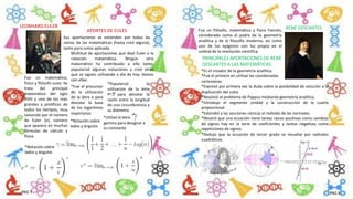Fue un matemático,
físico y filósofo suizo. Se
trata del principal
matemático del siglo
XVIII y uno de los más
grandes y prolíficos de
todos los tiempos, muy
conocido por el número
de Euler (e), número
que aparece en muchas
fórmulas de cálculo y
física.
LEONHARD EULER
APORTES DE EULES
Sus aportaciones se extienden por todas las
ramas de las matemáticas (hasta creó alguna),
tanto pura como aplicada.
Multitud de aportaciones que dejó Euler a la
notación matemática. Ningún otro
matemático ha contribuido a ello tanto,
popularizó algunas notaciones y creó otras
que se siguen utilizando a día de hoy. Vamos
con ellas:
*Fue el precursor
de la utilización
de la letra e para
denotar la base
de los logaritmos
neperianos
*Popularizó la
utilización de la letra
PI para denotar la
razón entre la longitud
de una circunferencia y
su diámetro
*Utilizó la letra
gamma para designar a
su constante
*Notación sobre
lados y ángulos
*Notación sobre
lados y ángulos
Fue un filósofo, matemático y físico francés,
considerado como el padre de la geometría
analítica y de la filosofía moderna, así como
uno de los epígonos con luz propia en el
umbral de la revolución científica.
RENÉ DESCARTES
*Es el creador de la geometría analítica.
*Fue el primero en utilizar las coordenadas
cartesianas.
*Expresó por primera vez la duda sobre la posibilidad de solución a la
duplicación del cubo.
*Resolvió el problema de Pappus mediante geometría analítica.
*Introdujo el segmento unidad y la construcción de la cuarta
proporcional.
*Extendió a las secciones cónicas el método de las normales.
*Mostró que una ecuación tiene tantas raíces positivas como cambios
de signos hay en la serie de coeficientes y tantas negativas como
repeticiones de signos.
*Dedujo que la ecuación de tercer grado se resuelve por radicales
cuadráticos.
PRINCIPALES APORTACIONES DE RENÉ
DESCARTES A LAS MATEMÁTICAS.
PAG 7 PAG 8
 