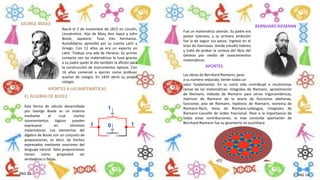 GEORGE BOOLE
EL ÁLGEBRA DE BOOLE
Esta forma de cálculo desarrollada
por George Boole es un sistema
mediante el cual ciertos
razonamientos lógicos pueden
expresarse en términos
matemáticos. Los elementos del
álgebra de Boole son un conjunto de
proposiciones, es decir, de hechos
expresados mediante oraciones del
lenguaje natural. Tales proposiciones
tienen como propiedad ser
verdaderas o falsas.
Nació el 2 de noviembre de 1815 en Lincoln,
Lincolnshire. Hijo de Mary Ann Joyce y John
Boole, zapatero. Tuvo tres hermanos.
Autodidacta, aprendió por su cuenta Latín y
Griego. Con 12 años ya era un experto en
Latín. Tradujo una oda de Horacio. Su primer
contacto con las matemáticas lo tuvo gracias
a su padre quién le dio también la afición para
la construcción de instrumentos ópticos. Con
16 años comenzó a ejercer como profesor
auxiliar de colegio. En 1835 abrió su propio
colegio.
APORTES A LAS MATEMÁTICAS
Fue un matemático alemán. Su padre era
pastor luterano, y su primera ambición
fue la de seguir sus pasos. Ingresó en el
liceo de Hannover, donde estudió hebreo
y trató de probar la certeza del libro del
Génesis por medio de razonamientos
matemáticos.
BERNHARD RIEMANN
Las obras de Bernhard Riemann, pese
a su número reducido, tienen todas un
valor fundamental. En su corta vida contribuyó a muchísimas
ramas de las matemáticas: integrales de Riemann, aproximación
de Riemann, método de Riemann para series trigonométricas,
matrices de Riemann de la teoría de funciones abelianas,
funciones zeta de Riemann, hipótesis de Riemann, teorema de
Riemann-Roch, lema de Riemann-Lebesgue, integrales de
Riemann-Liouville de orden fraccional. Pese a la importancia de
todas estas contribuciones, la más conocida aportación de
Bernhard Riemann fue su geometría no euclidiana
APORTES
PAG 13 PAG 14
 