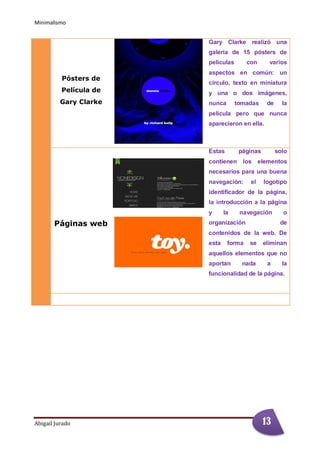 Minimalismo
Abigail Jurado Página 2
Pósters de
Película de
Gary Clarke
Gary Clarke realizó una
galería de 15 pósters de
películas con varios
aspectos en común: un
círculo, texto en miniatura
y una o dos imágenes,
nunca tomadas de la
película pero que nunca
aparecieron en ella.
Páginas web
Estas páginas solo
contienen los elementos
necesarios para una buena
navegación: el logotipo
identificador de la página,
la introducción a la página
y la navegación o
organización de
contenidos de la web. De
esta forma se eliminan
aquellos elementos que no
aportan nada a la
funcionalidad de la página.
13
 
