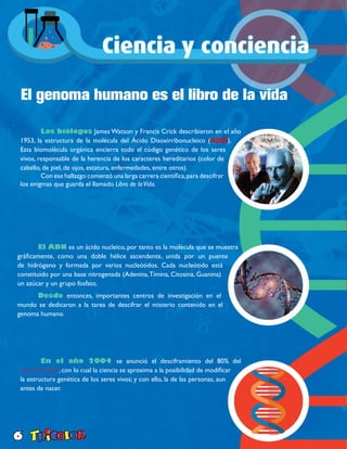 6
El genoma humano es el libro de la vida
	 Los biólogos James Watson y Francis Crick describieron en el año
1953, la estructura de la molécula del Ácido Disoxirribonucleico (ADN).
Esta biomolécula orgánica encierra todo el código genético de los seres
vivos, responsable de la herencia de los caracteres hereditarios (color de
cabello, de piel, de ojos, estatura, enfermedades, entre otros).
	 Con ese hallazgo comenzó una larga carrera científica,para descifrar
los enigmas que guarda el llamado Libro de laVida.
	 El ADN es un ácido nucleico, por tanto es la molécula que se muestra
gráficamente, como una doble hélice ascendente, unida por un puente
de hidrógeno y formada por varios nucleótidos. Cada nucleótido está
constituido por una base nitrogenada (Adenina,Timina, Citosina, Guanina)
un azúcar y un grupo fosfato.
	 Desde entonces, importantes centros de investigación en el
mundo se dedicaron a la tarea de descifrar el misterio contenido en el
genoma humano.
	 En el año 2004 se anunció el desciframiento del 80% del
Libro de laVida, con lo cual la ciencia se aproxima a la posibilidad de modificar
la estructura genética de los seres vivos; y con ello, la de las personas, aun
antes de nacer.
 