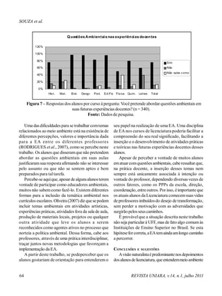 Uma das dificuldades para se trabalhar comtemas
relacionados ao meio ambiente está na existência de
diferentes percepções, valores e importância dada
para a EA entre os diferentes professores
(RODRIGUES et al., 2007), como se percebe neste
trabalho. Os alunos que disseramque não pretendem
abordar as questões ambientais em suas aulas
justificaramsua resposta afirmando não se interessar
pelo assunto ou que não se sentem aptos e bem
preparados para tal tarefa.
Percebe-se aquique, apesar de algunsalunosterem
vontade de participar como educadores ambientais,
muitos não sabemcomo fazê-lo. Existem diferentes
formas para a inclusão da temática ambiental nos
currículos escolares. Oliveira(2007) diz quesepodem
incluir temas ambientais em atividades artísticas,
experiências práticas, atividades fora da sala de aula,
produção de materiais locais, projetos ou qualquer
outra atividade que leve os alunos a serem
reconhecidos como agentes ativos no processo que
norteia a política ambiental. Dessa forma, cabe aos
professores, através de uma prática interdisciplinar,
traçar juntos novas metodologias que favoreçam a
implementação da EA.
A partir deste trabalho, se podeperceber que os
alunos gostariam de orientação para entenderem o
seu papel na realização de uma EA. Uma disciplina
de EA nos cursos de licenciatura poderia facilitar a
compreensão do seu real significado, facilitando a
inserção e o desenvolvimento de atividades práticas
e teóricas nas futuras experiências docentes desses
alunos.
Apesar de perceber a vontade de muitos alunos
ematuarcomquestões ambientais, caberessaltar que,
na prática docente, a inserção desses temas nem
sempre está unicamente associada à intenção ou
vontade do professor, dependendo diversas vezes de
outros fatores, como os PPPs da escola, direção,
coordenação, entreoutros. Por isso, éimportante que
os atuais alunos da Licenciatura comecemsuas vidas
de professores imbuídos do desejo de transformação,
sem perder a motivação com as adversidades que
surgirão pelosseus caminhos.
É provávelque a situação descrita neste trabalho
não seja particular à UFF, mas de fato algo comumàs
Instituições de Ensino Superior no Brasil. Se esta
hipóteseforcorreta,aEAtemaindaumlongo caminho
a percorrer.
CONCLUSÕES E SUGESTÕES
Avisão naturalistaépredominantenosdepoimentos
dosalunosdelicenciatura, queentendemmeioambiente
Figura 7 – Respostas dos alunos por curso à pergunta: Você pretende abordar questões ambientais em
suas futuras experiências docentes? (n = 340).
Fonte: Dados de pesquisa.
SOUZA et al.
64 REVISTA UNIARA, v.14, n.1, julho 2011
QuestõesAmbientaisnas experiências docentes
0%
20%
40%
60%
80%
100%
120%
Hist. Mat. Biol. Geogr. Ped. Ed.Fis Fisica Quim. Letras Total
Sim
Não
Não sabe como
 