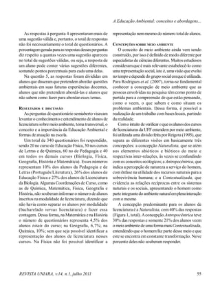 REVISTA UNIARA, v.14, n.1, julho 2011 55
A Educação Ambiental: conceitos e abordagens...
As respostas à pergunta 4 apresentaram mais de
uma sugestão válida e, portanto, o totalde respostas
não foi necessariamente o total de questionários. A
porcentagemgeradaparaasrespostasdessasperguntas
diz respeito a quantas vezes uma sugestão apareceu
no total de sugestões válidas, ou seja, a resposta de
um aluno pode conter várias sugestões diferentes,
somando pontos porcentuais para cada uma delas.
Na questão 5, as respostas foram divididas em
alunos que disseramque pretendemabordar questões
ambientais em suas futuras experiências docentes,
alunos que não pretendem abordá-las e alunos que
não sabemcomo fazer para abordar esses temas.
RESULTADOS E DISCUSSÃO
As perguntas do questionário semiaberto visavam
levantar o conhecimento e entendimento de alunos de
licenciatura sobre meio ambiente, tema transversal, o
conceito e a importância da Educação Ambiental e
formas de atuação na escola.
Um total de 340 questionários foi respondido,
sendo 20 no curso de Educação Física, 30 nos cursos
de Letras e de Química, 60 no de Pedagogia e 40
em todos os demais cursos (Biologia, Física,
Geografia, História e Matemática). Esses números
representam 10% dos alunos da Pedagogia e de
Letras (Português/Literatura), 26% dos alunos de
Educação Física e 27% dos alunos de Licenciatura
da Biologia.Algumas Coordenações de Curso, como
as de Química, Matemática, Física, Geografia e
História, não souberaminformar o número de alunos
inscritos na modalidade de licenciatura, dizendo que
não havia como separar os alunos por modalidade
(bacharelado versus licenciatura) e fazer essa
contagem. Dessa forma, na Matemática e na História
o número de questionários representa 4,5% dos
alunos totais do curso; na Geografia, 6,7%; na
Química, 10%; sem que seja possível identificar a
representação dos alunos de licenciatura nesses
cursos. Na Física não foi possível identificar a
representação nemmesmo do número totalde alunos.
CONCEPÇÕES SOBRE MEIO AMBIENTE
O conceito de meio ambiente ainda vem sendo
construído, por isso é definido de modo diferente por
especialistas de ciênciasdiferentes. Muitos estudiosos
consideramque é mais relevante estabelecê-lo como
uma representação social, isto é, umavisão que evolui
no tempo edependedo grupo socialemqueéutilizada.
Para Rodrigues et al. (2007), torna-se fundamental
conhecer a concepção de meio ambiente que as
pessoas envolvidas na pesquisa têm como ponto de
partida para a compreensão de que estão pensando,
como o veem, o que sabem e como situam os
problemas ambientais. Dessa forma, é possível a
realização de umtrabalho combases locais, partindo
da realidade.
Como intuitodeverificaroqueosalunosdoscursos
de licenciaturasda UFFentendempormeio ambiente,
foiutilizada uma divisão feita porReigota (1995), que
separa as diferentes visões em basicamente três
concepções: a concepção Naturalista, que se atém
aos elementos abióticos e bióticos do meio e
respectivas inter-relações, às vezes se confundindo
comos conceitos ecológicos;a Antropocêntrica,que
indica a percepção de natureza a serviço do homem,
com ênfase na utilidade dos recursos naturais para a
sobrevivência humana; e a Contextualizada, que
evidencia as relações recíprocas entre os sistemas
naturais e os sociais, apresentando o homem como
parteintegrantedo ambientenaturalemplenainteração
como mesmo
A concepção predominante para os alunos de
licenciatura é a Naturalista, com 40% das respostas
(Figura 1, total). Aconcepção Antropocêntrica teve
30% das respostas e somente 21% dos alunos veem
o meio ambiente de uma formamaisContextualizada,
entendendo que o homemfaz parte desse meio e que
este se encontra em constante transformação. Nove
porcento deles não souberamresponder.
 