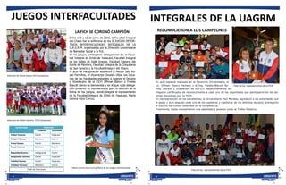Tabla de Posiciones
María Lorena Vaca Curcuy Reina de los Juegos InterFacultades
Selección de Futbol Varones FICH Campeones
Entre el 9 y 12 de junio de 2015, la Facultad Integral
del Chaco fue la anfitriona de los II JUEGOS DEPOR-
TIVOS INTER-FACULTADES INTEGRALES DE LA
U.A.G.R.M. organizados por la Dirección Universitaria
de Bienestar Social y la FUL
En los juegos, participaron delegaciones de: la Facul-
tad Integral de Ichilo de Yapacaní, Facultad Integral
de los Valles de Valle Grande, Facultad Integral del
Norte de Montero, Facultad Integral de la Chiquitania
de San Ignacio y la Facultad Integral del Chaco.
Al acto de inauguración asistieron El Rector Saúl Ro-
sas Ferrufino, el Vicerrector Osvaldo Ulloa, los Deca-
nos de las Facultades visitantes a quienes el Decano
y Vicedecano de la FICH Offman Blanco y Freddy
Blacutt dieron la bienvenida y en el que cada delega-
ción presentó su representante para la elección de la
Reina de los juegos, siendo elegida la representante
de la Facultad Integral de Ichilo de Yapacani, María
Lorena Vaca Curcuy.
JUEGOS INTERFACULTADES
DISCIPLINAS POSICIÓN
PRIMERO SEGUNDO
Fútbol Varones Camiri Yapacaní
Fútbol 7 Damas Montero Camiri
Futsal Damas Camiri Montero
Futsal Varones Montero Camiri
Baquetbol Damas Vallegrande Camiri
Basquetbol Varones Camiri Yapacani
Voleibol Damas Camiri Yapacani
Voleibol Varones Montero Camiri
LA FICH SE CORONÓ CAMPEÓN
Selección de Futsal Damas FICH Campeonas
URGENTE4
INTEGRALES DE LA UAGRM
En acto especial realizado en el Paraninfo Universitario, el
Lic. Offman Blanco Pacheco y el Ing. Freddy Blacutt Ra-
mos, Decano y Vicedecano de la FICH respectivamente, en-
tregaron certificados de reconocimiento a cada uno de los deportistas que participaron en las dis-
tintas disciplinas por la FICH.
En representación de los estudiantes, el Universitario Paúl Morales, agradeció a las autoridades por
el gesto y acto seguido cada uno de los capitanes y capitanas de los distintos equipos, entregaron
al Decano los trofeos obtenidos en la competencia.
Finalmente, todos compartieron una salteñada y posaron junto al Trofeo Rotativo.
Foto de los representantes de la FICH
RECONOCIERON A LOS CAMPEONES
Foto de los representantes de la FICH
URGENTE5
 