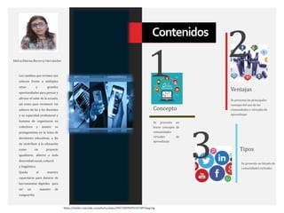 Los cambios que vivimos nos
colocan frente a múltiples
retos y grandes
oportunidades para pensar y
afirmar el valor de la escuela,
así como para reconocer los
saberes de las y los docentes
y su capacidad profesional y
humana de organizarse en
colectivos y asumir su
protagonismo en la toma de
decisiones educativas, a fin
de contribuir a la educación
como un proyecto
igualitario, abierto a toda
diversidad social, cultural
y lingüística.
Queda al maestro
capacitarse para dotarse de
herramientas digitsles para
ser un maestro de
vanguardia
Melva Marisa Becerra Hernández
Contenidos
Tipos
Se presenta las principales
ventajas del uso de las
comunidades v virtuales de
aprendizaje.
Se presenta un listado de
comunidades virtuales
Ventajas
1
Se presenta un
breve concepto de
comunidades
virtuales de
aprendizaje.
Concepto
2
3
Lorem ipsum dolor sit amet,
consectetur adipiscing elit.
Lorem ipsum dolor sit amet,
consectetur adipiscing elit.
Historia principal
Título
https://twitter.com/edu_consultoria/status/945738499294101505?lang=bg
 