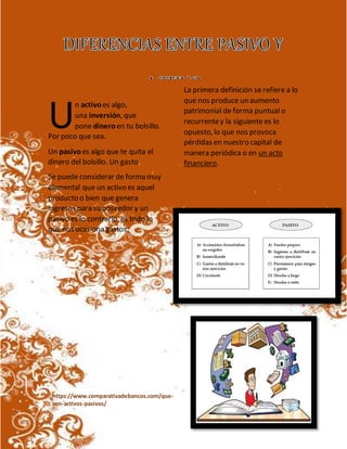 n activo es algo,
una inversión, que
pone dinero en tu bolsillo.
Por poco que sea.
Un pasivo es algo que te quita el
dinero del bolsillo. Un gasto.
Se puede considerar de forma muy
elemental que un activo es aquel
producto o bien que genera
ingresos para su poseedor y un
pasivo es lo contrario, es todo lo
que nos ocasiona gastos.
La primera definición se refiere a lo
que nos produce un aumento
patrimonial de forma puntual o
recurrentey la siguiente es lo
opuesto, lo que nos provoca
pérdidas en nuestro capital de
manera periódica o en un acto
financiero.
U
https://www.comparativadebancos.com/que-
son-activos-pasivos/
 