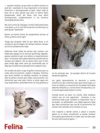 quedar muy bien, ya que ellos no deben mostrar su
pelo tan levantado. Es muy importante en los baños
anteriores ir desengrasando al gato, sobre todo la
base de la cola, puesto que para el último baño
programado antes del show, será muy difícil
desengrasarlo completamente si no venimos
haciéndolo desde antes.
No usen crema de enjuague, no hace falta ponérselas
a los gatos, y en el caso de los persas eso haría que su
pelo quede “aplastado”.
Bueno, ya hemos hecho los preparativos previos al
show, ¿y ahora como sigo?
Tengo que preparar todo lo que debo llevar, y mi
consejo es que lo hagan con tiempo también, porque
así no nos olvidamos de nada.
Debemos llevar todos los peines que usamos, una
toalla para apoyar en la mesa de grooming, algodón,
gasitas, alcohol en gel, este último es importantísimo
pues si tocamos otros gatos debemos desinfectarnos
siempre por higiene, eso no quiere decir que el otro
gato tenga algo malo, pero yo recomiendo que es
algo que se debe hacer para prevenir cualquier cosa.
Un secador de pelo, el que el gatito reconozca por su
ruido, talco sin perfume, copitos o hisopos. Tenemos
que llevar también su bandeja sanitaria, no porque
ellos la utilicen mucho, pero debe estar presente. Los
elementos que usan para comer y tomar agua son
muy importantes, preferiblemente no muy grandes y
no les aconsejo que los pongan dentro de la jaula
donde los dejamos.
Los gatos generalmente se duermen y somos
nosotros los que insistimos para que tomen agua y a
veces se mojan y se ensucian sin necesidad. Pero igual
debemos llevarlos y a ciertas horas introducirlos y ver
si nuestro gato quiere beber o comer.
Comida lleven un poco, no mucha, ellos tampoco
comen casi en una exposición (nosotros si nos
comemos todo ja ja). También es importante “por si
las dudas”, un almohadón, una cobija especial o algo
que ellos reconozcan, que sea de su pertenencia, así
estarán más cómodos y no extrañan su casa.
Con respecto a donde vamos a ubicar a nuestro
gato/s en el show, actualmente se puede comprar
unas jaulas generalmente en nylon, que son para que
las usen sólo nuestros gatos.
23
 