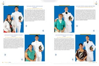 C m d t e . R A F A E L M O R A N V A L V E R D E 87
14
VIGIA • 2014
ALFG-ARM CINTHYA MARIELA BRIONES YÉPEZ
SRA. ENRIQUETA JOSEFINA YÉPEZ VERA
Hoy culminan cuatro años llenos de triunfos, alegrías,
sacrificios y derrotas de una larga travesía que un día
decidí emprender que con la bendición de Dios, la
constancia de mis padres que en todo momento me
han apoyado y han sabido levantarme cuando he
caído, y con el apoyo incondicional de mis hermanos
he vencido cada obstáculo y logrado alcanzar la meta
que me trace al inicio de mi carrera la de formarme
como una gran Oficial de Marina y aunque queda
mucho camino aun por recorrer, sueños por cumplir y
metas por alcanzar pues hoy puedo decir con mucha
satisfacción ¡MISIÓN CUMPLIDA!
ALFG-ARM STEFFANY DEL ROCIO CASTILLO
YÁNEZ
SRA. ELENA DEL ROCÍO YÁNEZ LÓPEZ
Mi corazón se inunda de emociones y maravillosos re-
cuerdos de todas aquellas experiencias vividas du-
rante estos años a bordo de la Escuela Superior Naval,
días de gran sacrificio y esfuerzo que han pasado de
ser solo un sueño a convertirse en una hermosa reali-
dad, culminando con éxito esta primera etapa de mi
vida militar, que será el pilar fundamental para seguir
consiguiendo grandes conquistas; es por este motivo
que quiero agradecer a Dios por todas sus bendiciones
y a todos quienes han sido parte de este capítulo de
mi vida en especial a mis padres y hermanos quienes
han sido el motor que me motiva para luchar ardua-
mente y conseguir cada objetivo trazado.
E S C U E L A S U P E R I O R N A V A L86
14
VIGIA • 2014
ALFG-ARM ANTONIO JAVIER BOLAGAY
TANDAZO
ING. GINA ELIZABETH TANDAZO OJEDA
Han transcurrido casi cuatro años y parece que fue
ayer cuando ingrese a la Escuela Superior Naval para
cumplir mi sueño, ser un flamante Oficial de Marina,
aún recuerdo tanto aquella tarde del 29 de Enero del
2011 cuando tome la decisión de alejarme de mi fami-
lia y amigos para emprender un nuevo estilo de vida
lleno de obstáculos. Finalmente agradezco a mis pa-
dres, abuelos y hermano que gracias a su apoyo y per-
severancia han sido el pilar fundamental para
alcanzar este logro, a la Escuela Naval, por haberme
recibido en sus filas durante estos cuatro años y hacer
de mí un hombre de mar, dispuesto a servir a la Patria
durante mi carrera naval.
ALFG-ARM EDUARDO HUMBERTO BOLAÑOS
DELGADO
SRA. MARIA ESPERANZA DELGADO QUIJIJE
Gracias a Dios he logrado un objetivo muy importante
no solo en mi vida sino también en la de mi familia,
ya que ellos han sido el pilar fundamental de mi per-
manencia en estos cuatros años de escuela y es a ellos
a quienes les dedico este logro que ha sido un poco di-
fícil de conseguir pero que en realidad es muy satis-
factorio al final, y lo único que puedo pedirle a Dios en
este momento, es que me de sabiduría e inteligencia
para saber sobrellevar esta nueva etapa de mi vida
profesional, sin olvidarme de los principios y valores
aprendidos en mis años de formación.
 