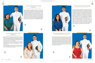 C m d t e . R A F A E L M O R A N V A L V E R D E 89
14
VIGIA • 2014
ALFG-ARM JOSÉ LUIS CHUCHUCA SUÁREZ
SRA. CHERYL CRANE SUAREZ MUÑOZ
El día que decidí adentrarme a esta gran aventura,
me prometí nunca darme por vencido a pesar de los
problemas y obstáculos que se me presentaran donde
mis padres fueron el pilar fundamental de apoyo y
aliento que necesitaba, mi hermano la mayor motiva-
ción para no desmayar y aquella persona que me en-
señó que la paciencia es una virtud, la razón de mi
felicidad. A lo largo de mis cuatro años en la Escuela
Naval entendí que en la vida debemos de esforzarnos
para alcanzar lo que nos propongamos y que la
mayor satisfacción que existe es poder decir “LO
LOGRÉ POR MI ESFUERZO”. Ahora que estoy cum-
pliendo una gran meta que me propuse en mi vida
agradezco a Dios por darme las fuerzas que necesi-
taba y poner en mi camino a personas que con su
apoyo y palabras de aliento me ayudaron a llegar al
lugar donde estoy y finalmente decir LO LOGRÉ.
ALFG-ARM JOSÉ FERNANDO COELLO PÉREZ
SRA. ENMA SABRINA PEREZ PLAZA
El Recordar cuanto tiempo a pasado y todo el camino
que he recorrido mi alma se llena de gozo y alegría
por todo el sacrificio y la dedicación haciéndome re-
calcar que no hay logros sin sacrificios y lo largo de
estos cuatros me e dado cuenta que ha valido la pena,
siendo mis padres, hermanos y familiares mi fuente de
motivación a ellos les dedico este logro y en especial
a mi madre que a sido mi guía y mi razón de ser a lo
largo de esta travesía haciéndome entender que no
hay logros sin sacrificios.
E S C U E L A S U P E R I O R N A V A L88
14
VIGIA • 2014
ALFG-ARM FERNANDO XAVIER CHÁVEZ
BARCENAS
DRA. SANDRA ISABEL BÁRCENAS VARGAS
Una vez culminado un periplo más en mi vida, LA ES-
CUELA NAVAL, y cumplida una gran meta me siento
eternamente agradecido con mis padres que fueron
mi soporte tanto espiritual como moral y son mi moti-
vación permanente, a mis hermanos que con su ca-
riño llenan de felicidad mi vida y a mi DIOS por darme
las fuerzas, la dedicación, la sabiduría y la perseveran-
cia para nunca darme por vencido en los momentos
más difíciles, y enseñarme el verdadero significado de
esta frase que se ha convertido en mi moraleja de vida,
frase corta pero que dice mucho “QUERER ES PODER”
ALFG-ARM HECTOR GABRIEL CHICA
ZAMBRANO
SRA. KEYDA MARÍA ZAMBRANO GIL
Empezó como un sueño, que por más de una vez creí
que iba a ser inalcanzable, hasta que con la bendi-
ción de Dios logré ingresar a ésta noble institución que
cambió mi vida por completo; una vida de entrega, sa-
crificio, lealtad, honor y disciplina.
Mis agradecimientos van dirigidos a Dios, mis mara-
villosos padres y seres queridos quienes nunca des-
cansaron en su afán de brindarme su apoyo
incondicional.
Mi carrera empieza a rendir sus frutos y todos se los de-
dico a ellos y va de la mano con mi firme promesa de
servir a la Institución y a la Patria.
 