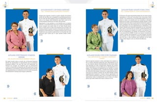 C m d t e . R A F A E L M O R A N V A L V E R D E 103
14
VIGIA • 2014
ALFG-ARM TELMO AUGUSTO POMA CUEVA
SRA. CARMEN FRESCIA CUEVA MONTESDEOCA
Al término de esta importante etapa de mi vida quiero
agradecer a Dios por escuchar mis oraciones cada
noche, a mi mamá por la incansable espera de mi re-
greso a casa y mi padre por sus consejos y ejemplo
dado en mi vida, a mis hermanos: Jaider, Emilio y José
Antonio que han sido mi principal motivación para lo-
grar conseguir mis dos barras de oro. A mi papi Telmo
por educarme con sus experiencias y sabiduría y mi
mami Amalia por tenerme presente en sus oraciones
día a día. A mis tías por su cariño y preocupación du-
rante el proceso de cumplir mi sueño, a mi prima Cla-
rita, mi compañera, mi amiga, mi hermana, mi ñaña.
A mi promoción DUKES 14 que nos hemos mantenido
unidos a pesar del temporal y el mal tiempo durante
esta periplo. A mis amigos y todas aquellas personas
que de una u otra manera han influido en mi vida
para poder llegar a ser un Oficial de Marina.
ALFG-ARM HOLGER JOSUE POTES CHAGUARO
SRA. MERCEDES DEL CONSUELO CHAGUARO
GAIBOR
Toda la gloria primero a Dios, este éxito se lo dedico a
Él y a todas aquellas personas que depositaron su fe
en mí, siendo apoyo fundamental en las duras bata-
llas libradas en este complicado trayecto de cuatro
años. Agradezco a mis padres por su abnegación y en-
trega, a mi familia en general por su ayuda y a esos
amigos que permanecen a través del tiempo. Ahora
al culminar esta etapa entiendo la importancia de lu-
char por tus sueños a pesar de las dificultades, tantas
experiencias buenas y malas ahora germinan en
éxito. Nuevos desafíos, retos y por su puesto victorias se
aproximan listos a enfrentarlos con el valor y la disci-
plina que esta institución supo cultivar en mí.
E S C U E L A S U P E R I O R N A V A L102
14
VIGIA • 2014
ALFG-ARM MARCO LUIS PINEDA QUIÑONEZ
SRA. CARMEN MARIA QUIÑONEZ CIFUENTES
Desde que ingrese a sentí un gran orgullo de formar
parte de las filas de la brigada de guardiamarinas y
en el curso de estos largos 4 años he aprendido muchí-
simo y no tengo más palabras que decir que la Es-
cuela Superior Naval es la mejor del mundo.
Agradezco a mis padres y a mi familia por su apoyo
sincero e incondicional que fue el pilar fundamental
para cumplir una meta más en mi vida. Puedo decir
que lo mejor que la vida nos propone son los retos, los
cuales prueba nuestra fuerza y voluntad de poder su-
perarlos y demostrarnos a nosotros mismos que no hay
obstáculo que pueda quebrantar la voluntad de una
persona que lucha por lo que quiere hasta conse-
guirlo.
ALFG-ARM JOFRE FERNANDO POAQUIZA
MENESES
SRA. BLANCA ELIZABETH MENESES CERDAN
En estos cuatro años a bordo de la Escuela Superior
Naval he aprendido lo importante que es alcanzar
nuestras metas y es por eso que he dedicado mi
tiempo en cumplir mi objetivo que es graduarme
como un oficial de la Armada del Ecuador, por lo que
agradezco a mi familia y demás personas que estuvie-
ron apoyándome y confiando en mí en todo momento,
brindándome fuerzas para seguir adelante.
 