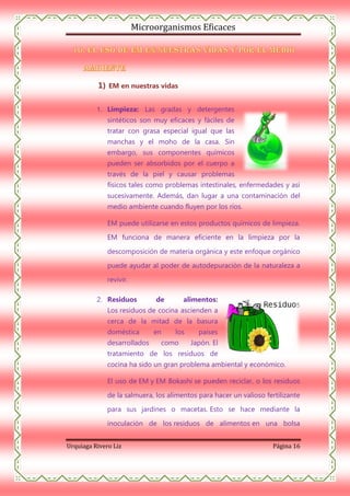 Microorganismos Eficaces

1) EM en nuestras vidas
1. Limpieza: Las gradas y detergentes

sintéticos son muy eficaces y fáciles de
tratar con grasa especial igual que las
manchas y el moho de la casa. Sin
embargo, sus componentes químicos
pueden ser absorbidos por el cuerpo a
través de la piel y causar problemas
físicos tales como problemas intestinales, enfermedades y así
sucesivamente. Además, dan lugar a una contaminación del
medio ambiente cuando fluyen por los ríos.
EM puede utilizarse en estos productos químicos de limpieza.
EM funciona de manera eficiente en la limpieza por la
descomposición de materia orgánica y este enfoque orgánico
puede ayudar al poder de autodepuración de la naturaleza a
revivir.
2. Residuos

de

alimentos:

Los residuos de cocina ascienden a
cerca de la mitad de la basura
doméstica
desarrollados

en

los

como

países
Japón. El

tratamiento de los residuos de
cocina ha sido un gran problema ambiental y económico.
El uso de EM y EM Bokashi se pueden reciclar, o los residuos
de la salmuera, los alimentos para hacer un valioso fertilizante
para sus jardines o macetas. Esto se hace mediante la
inoculación de los residuos de alimentos en una bolsa
Urquiaga Rivero Liz

Página 16

 