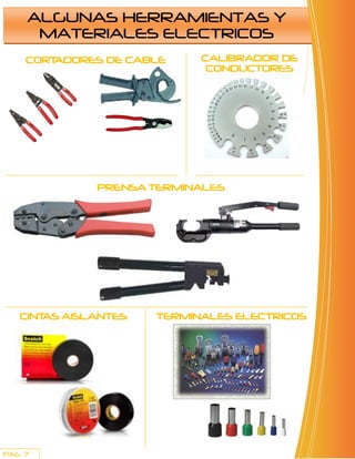 ALGUNAS HERRAMIENTAS Y
      MATERIALES ELECTRICOS
     CORTADORES DE CABLE    CALIBRADOR DE
                             CONDUCTORES




              PRENSA TERMINALES




   CINTAS AISLANTES   TERMINALES ELECTRICOS




PAG. 7
 