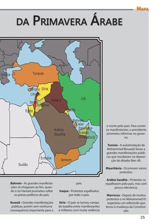 Mapa


    da         Primavera Árabe




                                                                    e morte pelo país. Para conter
                                                                    os manifestantes, o presidente
                                                                    prometeu reformas no gover-
                                                                                 no.

                                                                     Tunísia - A autoimolação de
                                                                    Mohammed Bouazizi levou a
                                                                    grandes manifestações públi-
                                                                    cas que resultaram na deposi-
                                                                        ção do ditador Ben Ali.

                                                                    Mauritânia - Ocorreram vários
                                                                             protestos.

                                                                     Arábia Saudita - Protestos se
Bahrein - As grandes manifesta-                país.                espalharam pelo país, mas com
ções só chegaram ao fim, quan-                                            pouca relevãncia.
do o rei Hamad prometeu soltar    Iraque - Protestos espalhados
  os presos políticos do país.          por todo o país.             Marrocos - Depois de muitos
                                                                     protestos o rei Mohammed VI
Kuwait - Grandes manifestações    Síria - O país se tornou campo     organizou um referendo que
 públicas, porém sem nenhuma      de batalha entre manifestantes    levou à mudança da Constitui-
consequência importante para o    e militares com muita violência                 ção.

                                                                                             25
 
