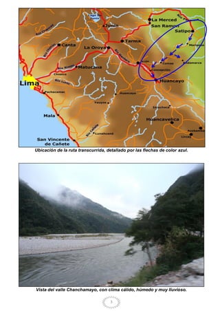 3
Ubicación de la ruta transcurrida, detallado por las flechas de color azul.
Vista del valle Chanchamayo, con clima cálido, húmedo y muy lluvioso.
 