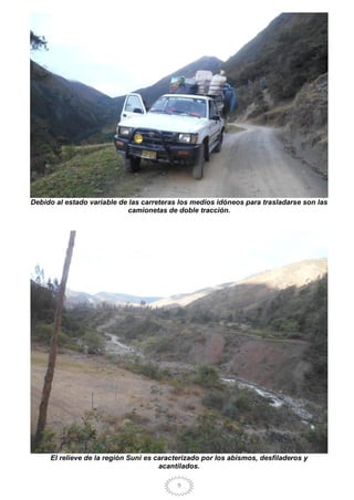 9
Debido al estado variable de las carreteras los medios idóneos para trasladarse son las
camionetas de doble tracción.
El relieve de la región Suni es caracterizado por los abismos, desfiladeros y
acantilados.
 