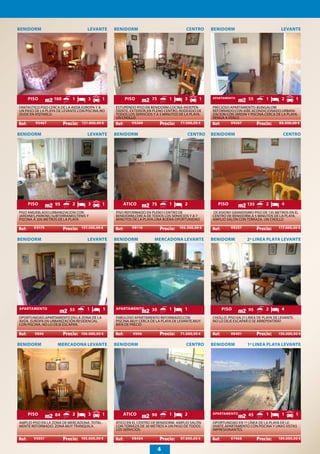 BENIDORM                            LEVANTE       BENIDORM                             CENTRO       BENIDORM                             LEVANTE




    PISO          100        1      3       1         PISO           75       1        3      1     APARTAMENTO        55        1        2         1
FANTASTICO PISO CERCA DE LA AVDA EUROPA Y A       ESTUPENDO PISO EN BENIDORM.COCINA INDEPEN-        PRECIOSO APARTAMENTO-BUNGALOW
UN PASO DE LA PLAYA DE LEVANTE.CON PISCINA.NO     DIENTE, EXTERIOR,EN PLENO CENTRO, RODEADO DE      REFORMADO,CON AIRE ACONDICIONADO.URBANI-
DUDE EN VISITARLO.                                TODOS LOS SERVICIOS Y A 5 MINUTOS DE LA PLAYA.    ZACION CON JARDIN Y PISCINA.CERCA DE LA PLAYA.
                        .                         UN CHOLLO              .                          VENGA A VERLO          .
        V5467                    121.000,00 €              V9260                     77.500,00 €             V9267                     88.000,00 €

BENIDORM                            LEVANTE       BENIDORM                                 CENTRO   BENIDORM                               CENTRO




    PISO          95         2      3       1        ATICO           75       1        2              PISO             135       2        4
PISO AMUEBLADO.URBANIZACION CON                   PISO REFORMADO EN PLENO CENTRO DE                 OCASION!! GRANDISIMO PISO DE 135 METROS EN EL
JARDINES,PARKING SUBTERRANEO,TENIS Y              BENIDORM,CERCA DE TODOS LOS SERVICIOS Y A 7       CENTRO DE BENIDORM,A 5 MINUTOS DE LA PLAYA.
PISCINA.A 200 METROS DE LA PLAYA                  MINUTOS DE LA PLAYA.UNA BUENA OPORTUNIDAD         AMPLIO SALON CON TERRAZA. UN CHOLLO
                        .                                                 .                                                  .
       V3175                     157.500,00 €             V8116                     105.500,00 €              V9257                     117.000,00 €


BENIDORM                            LEVANTE       BENIDORM            MERCADONA LEVANTE             BENIDORM           2ª LINEA PLAYA LEVANTE




APARTAMENTO                 55      1         1   APARTAMENTO        30       1        1                PISO           95        2        4
OPORTUNIDAD.APARTAMENTO EN LA ZONA DE LA          FABULOSO APARTAMENTO REFORMADO,CON                CHOLLO. PISO EN 2ª LINEA DE PLAYA DE LEVANTE.
AVDA. EUROPA EN URBANIZACIÓN RESIDENCIAL          PISCINA.MUY CERCA DE LA PLAYA DE LEVANTE.MUY      NO LO DEJE ESCAPAR O SE ARREPENTIRÁ!!
CON PISCINA. NO LO DEJE ESCAPAR.                  BIEN DE PRECIO
                        .                                                 .                                                  .
        V890                     106.000,00 €              V990                     71.000,00 €              V6401                      150.000,00 €

BENIDORM            MERCADONA LEVANTE             BENIDORM                             CENTRO       BENIDORM           1ª LINEA PLAYA LEVANTE




    PISO          84         2      3       1        ATICO           90       1        2            APARTAMENTO        45        1        1         1
AMPLIO PISO EN LA ZONA DE MERCADONA ,TOTAL-       ÁTICO EN EL CENTRO DE BENIDORM. AMPLIO SALÓN      OPORTUNIDAD EN 1ª LÍNEA DE LA PLAYA DE LE-
MENTE REFORMADO. ZONA MUY TRANQUILA.              CON TERRAZA DE 30 METROS A UN PASO DE TODOS       VANTE.APARTAMENTO CON PISCINA Y UNAS VISTAS
                                                  LOS SERVICIOS.                                    IMPRESIONANTES.
                        .                                                 .                                                  .
       V5051                     195.000,00 €             V8404                     97.000,00 €              V7468                      189.000,00 €


                                                                          4
 