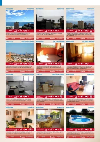 BENIDORM                            PONIENTE       BENIDORM                             PONIENTE        BENIDORM                           PONIENTE




    PISO           70         1      1                 PISO            60        1       1                  PISO          130        2       3         1
BONITO PISO CON PISCINA A 2 MINUTOS DE LA          PISO EN 2ª LINEA DE PLAYA EN PONIENTE.PISCINA,       GRAN OPORTUNIDAD!! URBANIZACIÓN DE LUJO,
PLAYA EN MEDIO DE TODOS LOS SERVICIOS              CLUB SOCIAL, VISTAS A LA PLAYA                       CON INSTALACIONES DEPORTIVAS, PADDEL, PISCI-
                                                                                                        NA, GIMNASIO, ETC
                         .                                                  .                                                   .
        V6378                     91.500,00 €              V6429                      103.000,00 €               V8762                     210.000,00 €

FINESTRAT                    URBANIZACIONES        BENIDORM                      CALA BENIDORM          BENIDORM                    COLONIA MADRID




   ATICO           116        1      2         1       PISO           100        2       3          1     PISO             77        1       3
PRECIOSO ÁTICO CON PISCINA CON PLAZA DE PAR-       FANTÁSTICO PISO IDEAL PARA FAMILIAS POR SU           CHOLLO.A DIEZ MINUTOS DE LA PLAYA, PISO CON
KING EN PROPIEDAD Y VISTAS IMPRESIONANTES          URBANIZACIÓN CON PISCINA, ZONAS VERDES Y             COCINA INDEPENDIENTE,CERCA DE TODOS LOS
                                                   DE JUEGOS.                                           SEVICIOS.VEALO,ES MUY INTERESANTE.
                         .                                                  .                                                   .
       V8628                      96.000,00 €              V8632                      108.000,00 €               V4572                     97.000,00 €


BENIDORM                     CALA BENIDORM         LA NUCIA                     URBANIZACIONES          BENIDORM                           PONIENTE




    PISO           65         2      2             CHALET             220        3       5          1       PISO           47        1       1         1
                                                   INDIVIDUAL
PISO EN UN PRECIO INCREÍBLE A UN PASO DE LA        AMPLIO CHALET SEMINUEVO CON VISTAS AL MAR.           GRAN OPORTUNIDAD, PRECIOSO PISO REFORMADO
PLAYA DE PONIENTE, EN ZONA LLANA Y PISCINA         PARCELA GRANDE CON PISCINA Y BARBACOA.BUENA          A 5 MINUTOS DE LA PLAYA DE PONIENTE, PARKING Y
                                                   OPORTUNIDAD                                          PISCINA COMUNITARIOS.
                         .                                                  .                                                   .
       V8334                      115.500,00 €              V9118                     225.000,00 €               V3658                     83.000,00 €

BENIDORM                             LEVANTE       BENIDORM                             PONIENTE        BENIDORM                            LEVANTE




APARTAMENTO        53         1      1         1   APARTAMENTO         48        1       1          1       PISO           60        2       2         1
PRECIOSO PISO A CINCO MINUTOS DE LA PLAYA DE       PRECIOSO APARTAMENTO MUY CERCA DE LA PLAYA           PRECIOSO PISO CON TRASTERO Y PISCINA EN ZONA
LEVANTE Y DE TODOS LOS SERVICIOS.VISITELO          DE PONIENTE.CON PISCINA                              RESIDENCIAL.A MENOS DE 10 MINUTOS DE LA PLAYA
                                                                                                        DE LEVANTE.UN CHOLLO.
                         .                                                  .                                                   .
       V5835                      101.000,00 €             V8580                       91.000,00 €               V7586                     136.500,00 €


                                                                            5
 