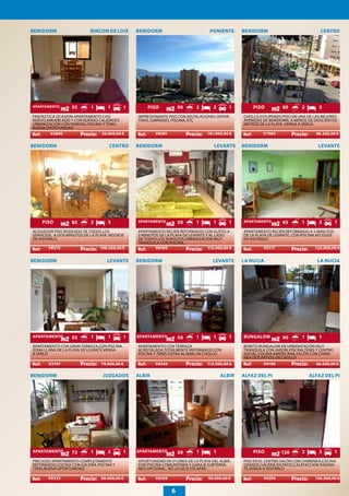 BENIDORM                    RINCON DE LOIX      BENIDORM                           PONIENTE      BENIDORM                            CENTRO




APARTAMENTO        55       1        1      1       PISO            90       2       2       1       PISO          80        2       3
FANTASTICA OCASION.APARTAMENTO CASI             IMPRESIONANTE PISO CON INSTALACIONES DEPOR-      CHOLLO.ESTUPENDO PISO EN UNA DE LAS MEJORES
NUEVO,AMUEBLADO Y CON BUENAS CALIDADES.         TIVAS, GIMNASIO, PISCINA, ETC                    AVENIDAS DE BENIDORM, A MENOS DE DOSCIENTOS
URBANIZACION CON PARKING,PISCINA Y TENIS.                                                        METROS DE LA PLAYA. VENGA A VERLO.
BUENA OPORTUNIDAD .                                                      .                                               .
        V2800                   56.000,00 €             V9281                     191.000,00 €            V7985                    98.200,00 €

BENIDORM                             CENTRO     BENIDORM                             LEVANTE     BENIDORM                           LEVANTE




    PISO           85       2        3          APARTAMENTO         50       1       1       1   APARTAMENTO       65        1       2         1
ACOGEDOR PISO RODEADO DE TODOS LOS              APARTAMENTO RECIEN REFORMADO CON GUSTO.A         APARTAMENTO RECIEN REFORMADO A 5 MINUTOS
SERVICIOS, A DOS MINUTOS DE LA PLAYA. NO DEJE   5 MINUTOS DE LA PLAYA DE LEVANTE Y AL LADO       DE LA PLAYA DE LEVANTE, CON PISCINA.NO DUDE
DE VISITARLO.                                   DE TODOS LOS SERVICIOS.URBANIZACIÓN MUY          EN VISITARLO
                        .                       TRANQUILA CON PISCINA..                                                  .
       V8375                     108.500,00 €           V6405                     115.000,00 €            V5117                    123.000,00 €


BENIDORM                            LEVANTE     BENIDORM                             LEVANTE     LA NUCIA                           LA NUCIA




APARTAMENTO        55       1        1      1   APARTAMENTO         50       1       1       1   BUNGALOW          90        1       1
APARTAMENTO CON GRAN TERRAZA,CON PISCINA.       APARTAMENTO CON TERRAZA                          BONITO BUNGALOW EN URBANIZACIÓN MUY
ZONA LLANA DE LA PLAYA DE LEVANTE.VENGA         ACRISTALADA,TOTALMENTE REFORMADO.CON             TRANQUILA CON JARDÍN,PISCINA,TENIS Y CENTRO
A VERLO                                         PISCINA Y TENIS.VISTAS AL MAR.UN CHOLLO.         SOCIAL.COCINA AMERICANA,SALÓN CON CHIME-
                        .                                                .                                            .
                                                                                                 NEA.DOS PATIOS.UN CHOLLO
       V2747                     79.000,00 €            V8349                     112.000,00 €            V9196                    66.000,00 €

BENIDORM                          JUZGADOS      ALBIR                                    ALBIR   ALFAZ DEL PI                    ALFAZ DEL PI




APARTAMENTO        72       1        2      1   APARTAMENTO         50       1       1               PISO          120       2       3         1
PRECIOSO APARTAMENTO COMPLETAMENTE              OPORTUNIDAD EN 2ª LÍNEA DE LA PLAYA DEL ALBIR,   PISO EN EL CENTRO.SALÓN CON CHIMENEA,COCINA
REFORMADO,COCINA CON GALERÍA.PISCINA Y          CON PISCINA COMUNITARIA Y GARAJE SUBTERRÁ-       GRANDE,GALERÍA EN PATIO.CALEFACCIÓN RADIAN-
TENIS.BUENA OPORTUNIDAD                         NEO OPCIONAL. NO LO DEJE ESCAPAR.                TE.VENGA A VISITARLO
                        .                                                .                                               .
       V9322                     86.000,00 €            V8258                     95.000,00 €             V9294                    136.500,00 €


                                                                6
 