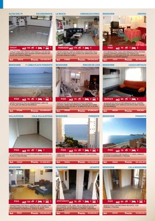 ALFAZ DEL PI                   ESCANDINAVIA       LA NUCIA                        URBANIZACIONES      BENIDORM                              CENTRO




CHALET           145      2       3       1         PAREADO         175            3      4               PISO           75        1       3
INDIVIDUAL
CHALET PARA REFORMAR CON PARCELA DE 900 M2        OPORTUNIDAD AMPLIO PAREADO CON ESPECTACU-           ESTUPENDO PISO TODO REFORMADO,PARA ENTRAR
EN ESCANDINAVIA.MUY BUENA OPORTUNIDAD.NO          LAR COCINA.CERCA DE TODOS LOS SERVICIOS.CON         A VIVIR,CENTRICO,RODEADO DE TODOS LOS
DUDE EN CONTACTARNOS.                             PISCINA.VENGA A VERLO                               SERVICIOS Y A DOS MINUTOS DE LA PLAYA.NO DEJE
                        .                                                 .                                                  .
                                                                                                      ESCAPAR ESTA OPORTUNIDAD
        V9316                      130.000,00 €           V3888                        199.500,00 €              V376                     90.100,00 €

BENIDORM        1ª LINEA PLAYA PONIENTE           BENIDORM                         RINCON DE LOIX     BENIDORM                    CASCO ANTIGUO




    PISO           78          2      1       1       PISO           75            1      2      1     DUPLEX            80        1       2
IMPRESIONANTE PISO EN PRIMERÍSIMA LINEA DE        FANTASTICO PISO EN BUEN ESTADO GENERAL,             ALQUILER DE DUPLEX REFORMADO EN EL CENTRO
PLAYA ¡¡EN UN PRECIO INCREÍBLE!!                  COCINA Y BAÑO REFORMADOS,AMUEBLADO,URBA             DE BENIDORM CON TERRAZA EN ATICO MUY SOLEA-
                                                  NIZACION CON PISCINA.A 10 MINUTOS DE LA PLAYA.      DO.INFORMESE
                        .                         GRAN OCASION           .                                                    .
       V7366                       123.000,00 €           V9350                     67.000,00 €                A9259                       450,00 €


VILLAJOYOSA                 CALA VILLAJOYOSA      BENIDORM                              PONIENTE      BENIDORM                            PONIENTE




    PISO           65          1      1               PISO           73            1      2      1        PISO           70        1       2
ESTUPENDO PISO SITUADO A CINCO MINUTOS DE LA      FABULOSO PISO TODO REFORMADO, CON PISCINA,          FANTÁSTICO PISO CON SALIDA A 1ª LINEA, FABULO-
PLAYA Y CON PISCINA                               TENIS, ETC                                          SA ZONA AJARDINADA Y PISCINA
                        .                                                 .                                                   .
       V3529                       91.000,00 €            V6836                        141.750,00 €            V8658                     185.500,00 €

BENIDORM                               CENTRO     BENIDORM                               LEVANTE      BENIDORM                    CALA BENIDORM




    PISO          120          2      3       1   APARTAMENTO        70            1      1      1        PISO           80        1       2       1
GRANDISIMO PISO EN EL CENTRO CON COCINA CON       APARTAMENTO DE 70M2, EN 4ª LÍNEA DE LA PLAYA        BONITO PISO CON REFORMA RECIENTE, CON
GALERIA,GRAN SALON Y TERRAZA DE 20 METROS.        DE LEVANTE. SE ENTREGA TOTALMENTE REFOR-            PARKING Y PISCINA
CON PARKING NUMERADO. VENGA A VERLO               MADO, SUELOS DE TARIMA FLOTANTE, VENTANAS
                        .                         CLIMALIT.              .                                                    .
       V9351                       168.000,00 €            V8504                    95.000,00 €                V8704                      94.000,00 €


                                                                              7
 