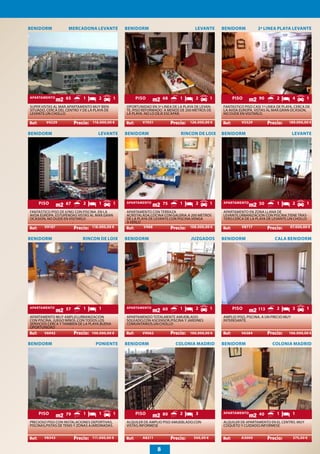 BENIDORM            MERCADONA LEVANTE             BENIDORM                            LEVANTE        BENIDORM           2ª LINEA PLAYA LEVANTE




APARTAMENTO        65       1        2        1       PISO            68        1      2         1       PISO           90         2         4      1
SUPER VISTAS AL MAR.APARTAMENTO MUY BIEN          OPORTUNIDAD EN 3ª LINEA DE LA PLAYA DE LEVAN-      FANTASTICO PISO CASI 1ª LINEA DE PLAYA, CERCA DE
SITUADO, CERCA DEL CENTRO Y DE LA PLAYA DE        TE, PISO REFORMADO A MENOS DE 200 METROS DE        LA AVDA EUROPA. VISTAS AL MAR.GRAN OCASION,
LEVANTE.UN CHOLLO.                                LA PLAYA. NO LO DEJE ESCAPAR.                      NO DUDE EN VISITARLO.
                        .                                                  .                                                  .
        V4229                    116.000,00 €             V7031                     126.000,00 €               V5329                     189.000,00 €

BENIDORM                            LEVANTE       BENIDORM                      RINCON DE LOIX       BENIDORM                                LEVANTE




    PISO           67       2        1        1   APARTAMENTO         75        1      2         1   APARTAMENTO        50         1         2      1
FANTASTICO PISO DE 67M2 CON PISCINA. EN LA        APARTAMENTO CON TERRAZA                            APARTAMENTO EN ZONA LLANA DE
AVDA EUROPA. ESTUPENDAS VISTAS AL MAR.GRAN        ACRISTALADA,COCINA CON GALERIA.A 200 METROS        LEVANTE,URBANIZACION CON PISCINA.TIENE TRAS-
OCASION, NO DUDE EN VISITARLO                     DE LA PLAYA DE LEVANTE.CON PISCINA.VENGA           TERO.CERCA DE LA PLAYA DE LEVANTE.UN CHOLLO
                        .                         A VERLO                .                                                    .
       V9187                     118.000,00 €              V988                     108.000,00 €               V8717                      97.000,00 €


BENIDORM                    RINCON DE LOIX        BENIDORM                          JUZGADOS         BENIDORM                     CALA BENIDORM




APARTAMENTO        57       1        1            APARTAMENTO         60        1      2         1       PISO           113        2         3      1
APARTAMENTO MUY AMPLIO,URBANIZACION               APARTAMENDO TOTALMENTE AMUEBLADO.                  AMPLIO PISO, PISCINA, A UN PRECIO MUY
CON PISCINA, JUEGO NIÑOS ,CON TODOS LOS           SOLEADO,CON ASCENSOR,PISCINA Y JARDINES            INTERESANTE.
SERVICIOS CERCA Y TAMBIEN DE LA PLAYA.BUENA       COMUNITARIOS.UN CHOLLO
OPORTUNIDAD            .                                                   .                                                  .
       V6942                     100.000,00 €             V9062                     100.000,00 €              V6384                      106.000,00 €

BENIDORM                           PONIENTE       BENIDORM                     COLONIA MADRID        BENIDORM                     COLONIA MADRID




    PISO           79       1        1        1       PISO            80        2      3             APARTAMENTO        40         1         1
PRECIOSO PISO CON INSTALACIONES DEPORTIVAS,       ALQUILER DE AMPLIO PISO AMUEBLADO.CON              ALQUILER DE APARTAMENTO EN EL CENTRO. MUY
PISCINAS,PISTAS DE TENIS Y ZONAS AJARDINADAS.     VISTAS.INFORMESE                                   COQUETO Y CUIDADO.INFORMESE
                        .                                                  .                                                  .
       V8343                     111.000,00 €             A8211                       500,00 €                A3000                          375,00 €


                                                                  8
 