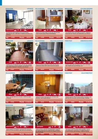 BENIDORM                               LEVANTE       VILLAJOYOSA         CALA DE VILLAJOYOSA              BENIDORM                    COLONIA MADRID




APARTAMENTO         45          1      1                 PISO           60           1       2                PISO           65        1       2
ACOGEDOR APARTAMENTO EN ALQUILER EN                  FANTASTICO PISO PARA ALQUILAR CON PISCINA.           ESTUPENDO PISO CON AMPLIO SALON Y TERRAZA
RINCON DE LOIX, CERCANO A TODOS LOS SERVICIOS.       TODO NUEVO.BUEN PRECIO.INFORMESE                     RODEADO DE TODOS LOS SERVICIOS. UN CHOLLO
VISITELO
                         .                                                   .                                                    .
         A7995                        380,00 €               A7498                         350,00 €                V2845                     80.000,00 €

BENIDORM                               LEVANTE       VILLAJOYOSA                 CALA VILLAJOYOSA         FINESTRAT                   URBANIZACIONES




    PISO            58          2      2         1       PISO           90           2       2        1    BUNGALOW         151        3       2        1
A MENOS DE 100 METROS DE LA PLAYA DE LEVANTE         PISO DE NUEVA CONSTRUCCIÓN,CON PISCINA,              BUNGALOW CON CALIDADES DE LUJO A UN PASO
Y AL LADO DE LA AVDA. EUROPA. ESTUPENDO PISO         GIMNASIO, ZONA WIFI CON PLAZA DE GARAJE              DEL CAMPO DE GOLF,PISCINA. ETC
CON GRAN TERRAZA Y PISCINA. UN CHOLLO
                         .                                                   .                                                    .
        V7567                       115.000,00 €             V9279                        117.000,00 €             V9262                     199.500,00 €


VILLAJOYOSA                  CALA VILLAJOYOSA        VILLAJOYOSA                 CALA VILLAJOYOSA         FINESTRAT                    CALA FINESTRAT




    PISO            60          1      1                 PISO           75           2       2        1       PISO           35        1       1
PISO A 100 METROS DE LA PLAYA , VISTAS AL MAR        COQUETO PISO A UN PASO DE LA PLAYA CON               OPORTUNIDAD. PISO DE EXCELENTE CALIDAD A 200
Y PISCINA                                            PISCINA Y MUY BUEN PRECIO                            METROS DE LA PLAYA. VISTAS AL MAR . PISCINA.
                         .                                                   .                                                    .
        V7426                       81.500,00 €              V5141                        116.000,00 €             V8806                     76.500,00 €

BENIDORM                              PONIENTE       BENIDORM                               LEVANTE       BENIDORM                             CENTRO




APARTAMENTO         55          1      2               ESTUDIO                       30     1         1       PISO           90        1       3
APARTAMENTO SITUADO A UN PASO DE LA PLAYA,           CHOLLO EN EL CENTRO DE BENIDORM.COQUETO              PISO EN EL CENTRO,ZONA INMEJORABLE, TODOS
EDIFICIO CON ASCENSOR. ¡¡NO DEJE DE VISITARLO!!      ESTUDIO CON PISCINA COMUNITARIA, A MENOS             LOS SERVICIOS A UN PASO Y A 4 MINUTOS DE LA
                                                     DE 500 METROS DE LA PLAYA DE LEVANTE. NO LO          PLAYA.COCINA CON GALERIA Y AMPLIO SALON.
                         .                           DEJE ESCAPAR           .                                                     .
        V7972                       86.500,00 €              V7675                     75.000,00 €                 V8710                     89.000,00 €


                                                                                 9
 