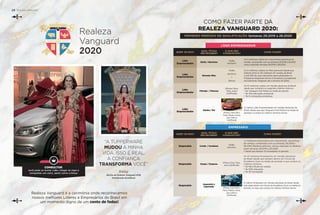 PRIMEIRO PERÍODO DE QUALIFICAÇÃO Semanas 29.2019 a 28.2020
COMO FAZER PARTE DA
REALEZA VANGUARD 2020:
QUEM EU SOU? QUAL TÍTULO
IREI RECEBER?
O QUE IREI
CONQUISTAR? COMO FAZER?
Líder
Empreendedor
Barão / Baronesa
Troféu
exclusivo
Os 5 melhores Líderes em crescimento percentual de
vendas, comparado com as semanas 29.2018 a 28.2019
versus realizado semanas 29.2019 a 28.2020.
Líder
Empreendedor
Brownie Wise
Troféu
exclusivo
+
iPhone
Os 5 melhores Líderes em Recrutamento desde que
estejam entre os 20 melhores em vendas do Brasil
e que 35% de suas indicações sejam graduadas no
Programa Integrando Novos Consultores (considerado
recrutamento integrado até a semana 24.2020).
Líder
Empreendedor
Príncipe / Princesa
iPhone, Faixa,
Tiara, Joia e
Certificado
Os 10 melhores Líderes em Vendas absolutas do Brasil
desde que cumpram os seguintes critérios mínimos:
• Ser Vanguard nível Platina na média do período
• Ter 104 indicações produtivas
• Ter 6 nomeações produtivas
Líder
Empreendedor
Rainha / Rei
O melhor Líder Empreendedor em vendas absolutas do
Brasil, desde que seja Vanguard nível Platina na média do
período e cumpra os critérios mínimos acima.
QUEM EU SOU?
QUAL TÍTULO
IREI RECEBER?
O QUE IREI
CONQUISTAR?
COMO FAZER?
Empresário Conde / Condessa
Troféu
exclusivo
• 5 melhores Empresários em crescimento percentual
de vendas, comparado com as semanas 29.2018 a
28.2019 (Realeza anterior), versus realizado no Realeza
atual semanas 29.2019 a 28.2020.
• Desde que tenham 13 nomeações no período.
Empresário Duque / Duquesa
iPhone, Faixa, Tiara,
Joia e Certificado
Os 10 melhores Empresários em Vendas absolutas
do Brasil desde que estejam dentro do Círculo da
Excelência Ouro na média do período e que cumpra os
critérios mínimos:
• Ter R$ 5.315,50 em vendas
• Ter 605 indicações
• Ter 20 nomeações
Empresário
Imperatriz e
Imperador
O melhor Empresário em Vendas absolutas do Brasil, desde
que esteja dentro do Círculo da Excelência Ouro na média do
período, ou seja, que cumpra os critérios mínimos acima.
EMPRESÁRIO
LÍDER EMPREENDEDOR
iPhone, Carro 0km,
Faixa, Manto, Coroa,
Joia, Cetro e
Certificado
iPhone, Carro 0km,
Faixa, Manto, Coroa,
Joia, Cetro e
Certificado
24 REALEZA VANGUARD
Realeza Vanguard é a cerimônia onde reconhecemos
nossos melhores Líderes e Empresários do Brasil em
um momento digno de um conto de fadas!
Realeza
Vanguard
2020
“A TUPPERWARE
MUDOU A MINHA
VIDA. ISSO É REAL.
A CONFIANÇA
TRANSFORMA VOCÊ”
Deisy
Rainha da Realeza Vanguard 2018
Distribuição Excelência
CONSULTOR,
você pode se tornar Líder, chegar ao topo e
conquistar um carro, assim como a Deisy!
 