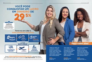 VOCÊ PODE
CONQUISTAR UM LUCRO
EM DINHEIRO DE
Faça como elas!
“Antes eu tinha um
comércio e resolvi
fechá-lo porque lucro
muito mais como Líder
Tupperware®
! Além
disso, tenho mais tempo
para minha família.”
MAELI
Distribuição Charme
São Paulo - SP
“Sou Líder há 1
ano e minha maior
conquista foi comprar
meu apartamento.
Agora, consigo
pagar as prestações
dele sozinha.”
JULIANA
Distribuição Entusiasmo
Santo André - SP
“Meu lucro aumentou
demais! Defino
quanto vou ganhar
e luto por isso. Hoje,
pago minha faculdade
e em breve comprarei
meu primeiro carro.”
JAINE
Distribuição Referência
São Bernardo do Campo - SP
Acesse www.medeiumaumento.com.br e descubra tudo o
que você precisa saber para se tornar um Líder Empreendedor* de Sucesso!
Torne-se um Líder e
tenha benefícios exclusivos
26 ME DEI UM AUMENTO! ME DEI UM AUMENTO! 27
CONSULTOR,
para ser um Líder
Empreendedor, forme
um time de 8 Indicações
Produtivas, com R$ 5.040 em
vendas (Pessoal + Grupo)*.
*Benefícios ao se tornar um Líder Empreendedor Tupperware: Lucratividade de 26,5% sobre vendas pessoais como Líder + desconto em boleto de 3% em cima de sua venda
pessoal e de seu grupo + ganho fixo de R$ 397,00 a R$ 3.631,00 por período ao se tornar um Líder Empreendedor Vanguard (consulte sua Distribuição para mais informações).
 