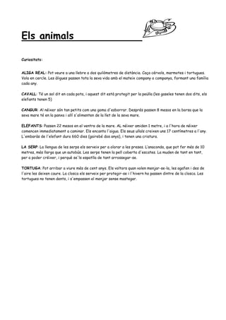 Els animals

Curiositats:


ALIGA REAL: Pot veure a una llebre a dos quilòmetres de distància. Caça cérvols, marmotes i tortugues.
Vola en cercle. Les àligues passen tota la seva vida amb el mateix company o companya, formant una família
cada any.

CAVALL: Té un sol dit en cada pota, i aquest dit està protegit per la peülla (les gaseles tenen dos dits, els
elefants tenen 5)

CANGUR: Al néixer són tan petits com una goma d'esborrar. Després passen 8 mesos en la borsa que la
seva mare té en la panxa i allí s'alimenten de la llet de la seva mare.

ELEFANTS: Passen 22 mesos en el ventre de la mare. AL néixer amiden 1 metre, i a l'hora de néixer
comencen immediatament a caminar. Els encanta l'aigua. Els seus ullals creixen uns 17 centímetres a l'any.
L'embaràs de l'elefant dura 660 dies (gairebé dos anys), i tenen una criatura.

LA SERP: La llengua de les serps els serveix per a olorar a les preses. L’anaconda, que pot fer més de 10
metres, més llarga que un autobús. Les serps tenen la pell coberta d'escates. La muden de tant en tant,
per a poder créixer, i perquè se'ls espatlla de tant arrossegar-se.

TORTUGA: Pot arribar a viure més de cent anys. Els voltors quan volen menjar-se-la, les agafen i des de
l'aire les deixen caure. La closca els serveix per protegir-se i l'hivern ho passen dintre de la closca. Les
tortugues no tenen dents, i s'empassen el menjar sense mastegar.
 