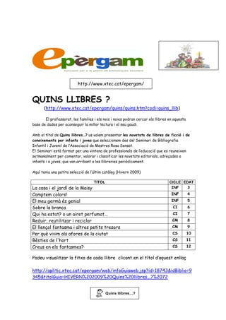 http://www.xtec.cat/epergam/


QUINS LLIBRES ?
      (http://www.xtec.cat/epergam/quins/quins.htm?codi=quins_llib)

       El professorat, les families i els nois i noies podran cercar els llibres en aquesta
base de dades per aconseguir la millor lectura i el seu gaudi.

Amb el títol de Quins llibres…? us volem presentar les novetats de llibres de ficció i de
coneixements per infants i joves que seleccionem des del Seminari de Bibliografia
Infantil i Juvenil de l’Associació de Mestres Rosa Sensat.
El Seminari està format per una vintena de professionals de l’educació que es reuneixen
setmanalment per comentar, valorar i classificar les novetats editorials, adreçades a
infants i a joves, que van arribant a les llibreries periòdicament.

Aquí teniu una petita selecció de l’últim catàleg (Hivern 2009)

                                    TITOL                                        CICLE EDAT
La casa i el jardí de la Maisy                                                    INF    3
Comptem colors!                                                                   INF         4
El meu germà és genial                                                            INF         5
Sobre la branca                                                                    CI         6
Qui ha estat? o un airet perfumat...                                               CI         7
Reduir, reutilitzar i reciclar                                                     CM         8
El llençol fantasma i altres petits tresors                                        CM         9
Per què vivim als afores de la ciutat                                              CS         10
Bèsties de l'hort                                                                  CS         11
Creus en els fantasmes?                                                            CS         12


Podeu visualitzar la fitxa de cada llibre clicant en el títol d’aquest enllaç

http://aplitic.xtec.cat/epergam/web/infoGuiaweb.jsp?id=18743&idBiblio=9
345&titolGuia=HIVERN%202009%20Quins%20llibres...?%2072
 