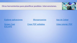44
Explorar aplicaciones Microproyectos App de Ceibal
Screen Cast Crear PDF editables Video tutorial. PDF
ESCAPE
Otras herramientas para planificar posibles intervenciones.
 