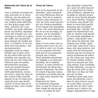 Referents de l’obra de la
Dèlia:
Com a referent principal em
vaig remuntar en la meva
infància, des de petita les
nines Matrioixca em sugge-
rien moltes coses diferents,
em feia gràcia jugar amb
elles, sobretot com a joc
simbòlic, les quals represen-
taven una família. Aquestes
nines són d’origen rus, van
començar a crear-se a partir
del 1890, són característi-
ques perquè són buides per
dins, i a l’interior hi ha una
altra nina més petita, i així
successivament.
Aquestes nines es carac-
teritzen per la gran varie-
tat de colors amb què són
pintades, per aquesta ma-
teixa raó em van cridar tant
l’atenció quan era petita.
Personalment aquestes
nines em proporcionaven
una sèrie de sensacions
molt captivadores, encara
dia d’avui, quan les veig em
fan reviure molts records.
Aquest va ser el motiu prin-
cipal pel qual vaig decidir
centrar la meva obra de la
capsa en elles, com a tresor
d’infància.
Tema de l’obra:
Com ja he esmentat en els
referents, volia incorporar
les nines Matrioixca dins la
capsa. Però de la mateixa
manera volia incorporar el
mar, per tant, havia de bus-
car una manera equitativa
d’unir aquest dos conceptes,
el mar i les nines Matrioixca.
Per mi el mar té màgia, té
misteri, em fa retrocedir i
tornar a la meva infància,
però també em projecta el
futur.
Quan el miro sento com es
mescla amb el cel i es con-
fon amb el vent i em fa sen-
tir una sensació d’immen-
sitat que té una poderosa
energia que m’atrau.
Totes aquestes sensacions
van lligades a la meva per-
sonalitat, de la mateixa
manera, la meva família ha
format part del desenvolu-
pament d’aquesta. Per tant
la creació d’aquesta capsa,
simbolitza una petita part de
mi i dels meus records més
apreciats.
Elaboració de l’obra:
La realització d’aquesta
obra, la vaig fer durant un
breu viatge de cap de set-
mana a la platja de Sant
Pere Pescador (Costa Bra-
va). Quan era allà vaig sen-
tir un sentiment de melan-
colia d’infància. Aquella era
la platja on sempre anava
amb la meva família després
d’un dinar familiar. D’aques-
ta manera vaig decidir ela-
borar la meva obra partint
d’aquests dos conceptes
principals Mar i Família. Per
poder-me familiaritzar-me
més en l’entorn vaig decidir
fer una llarga passejada en
solitari i vaig decidir reco-
pilar totes les petxines més
maques que trobés. Quan
ja era fosc vaig tornar cap a
casa, allà vaig construir una
caixa amb les instruccions
prèvies que ens va donar la
nostra professora de plàsti-
ca. Els colors que vaig esco-
llir havien d’estar ambien-
tats en la situació per tant
vaig utilitzar dues tonalitats
de blau diferents, una per la
tapa de caixa amb un blau
més fosc i un blau cel més
clar per la base.
Finalment quan vaig incor-
porar els elements, com a
base hi vaig incloure sucre;
un curiós tòpic, ja que la
sal del mar és l’únic incon-
venient que li trobo a tot
plegat. Seguidament hi vaig
25
 