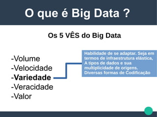 -Volume
-Velocidade
-Variedade
-Veracidade
-Valor
O que é Big Data ?
Habilidade de se adaptar. Seja em
termos de infraestrutura elástica,
A tipos de dados e sua
multiplicidade de origens.
Diversas formas de Codificação
Os 5 VÊS do Big Data
 