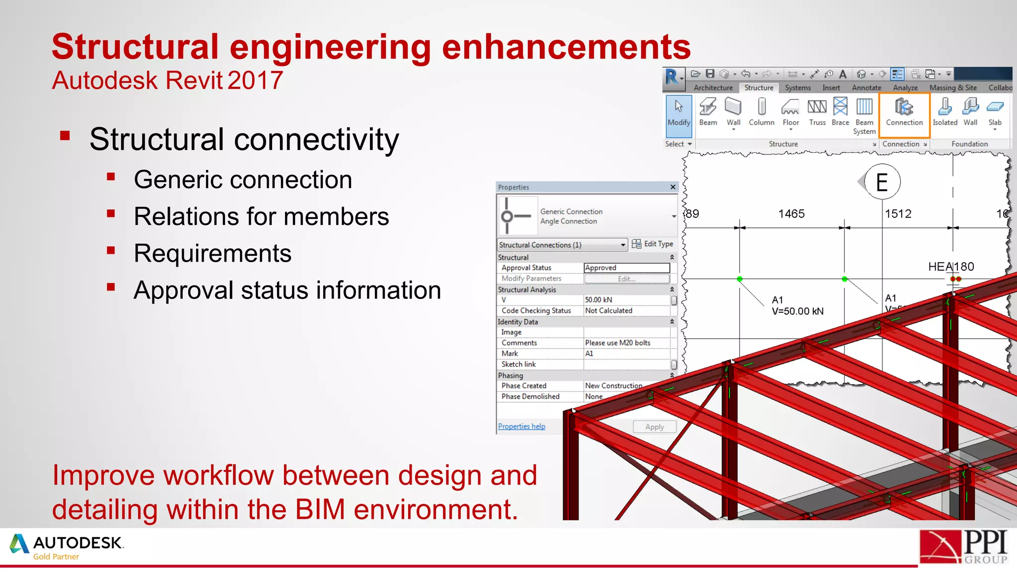  Structural connectivity
 Generic connection
 Relations for members
 Requirements
 Approval status information
Structural engineering enhancements
Improve workflow between design and
detailing within the BIM environment.
Autodesk Revit 2017
 