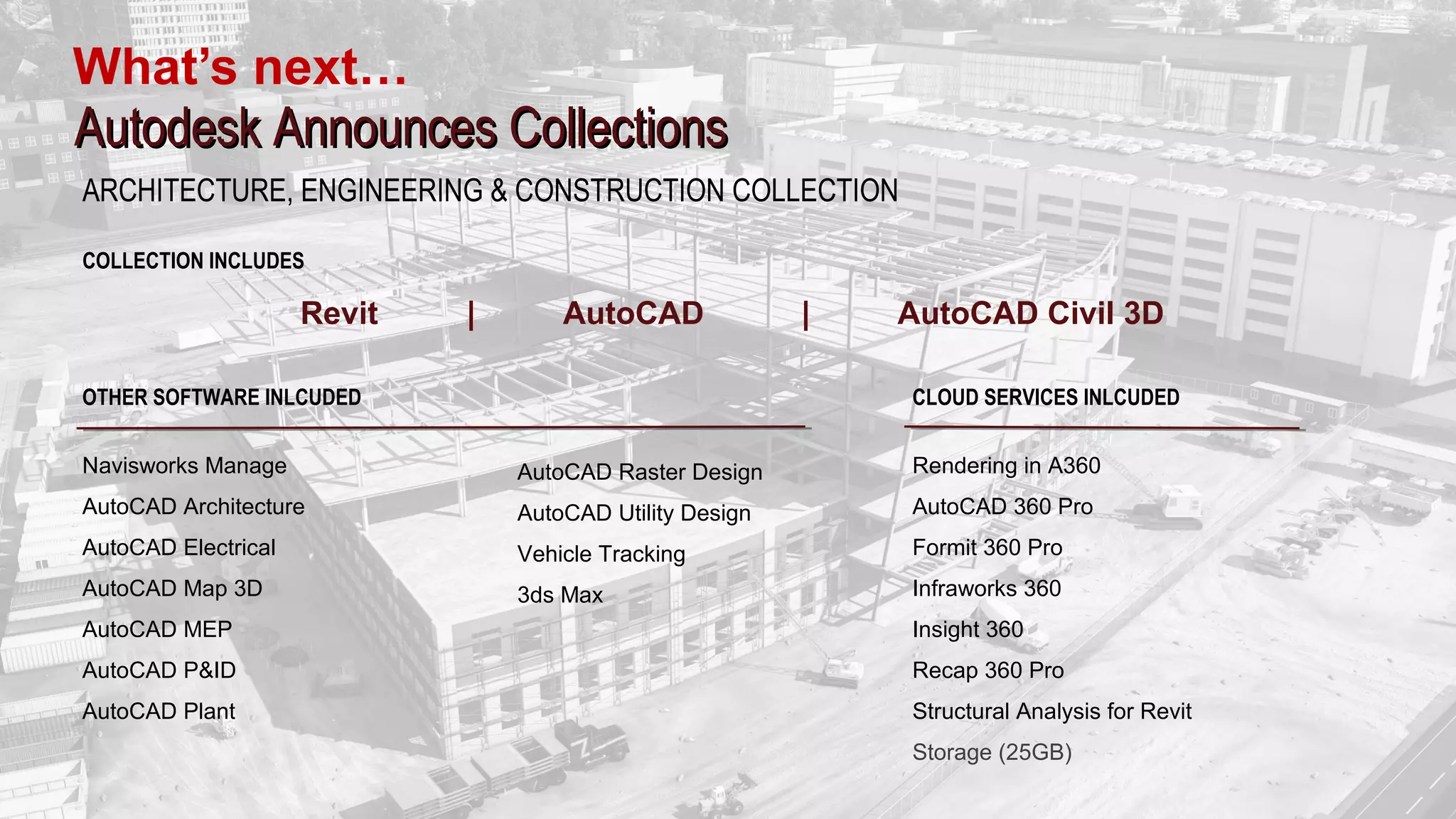What’s next…
Autodesk Announces CollectionsAutodesk Announces Collections
ARCHITECTURE, ENGINEERING & CONSTRUCTION COLLECTION
COLLECTION INCLUDES
Revit | AutoCAD | AutoCAD Civil 3D
OTHER SOFTWARE INLCUDED
Navisworks Manage
AutoCAD Architecture
AutoCAD Electrical
AutoCAD Map 3D
AutoCAD MEP
AutoCAD P&ID
AutoCAD Plant
AutoCAD Raster Design
AutoCAD Utility Design
Vehicle Tracking
3ds Max
CLOUD SERVICES INLCUDED
Rendering in A360
AutoCAD 360 Pro
Formit 360 Pro
Infraworks 360
Insight 360
Recap 360 Pro
Structural Analysis for Revit
Storage (25GB)
 