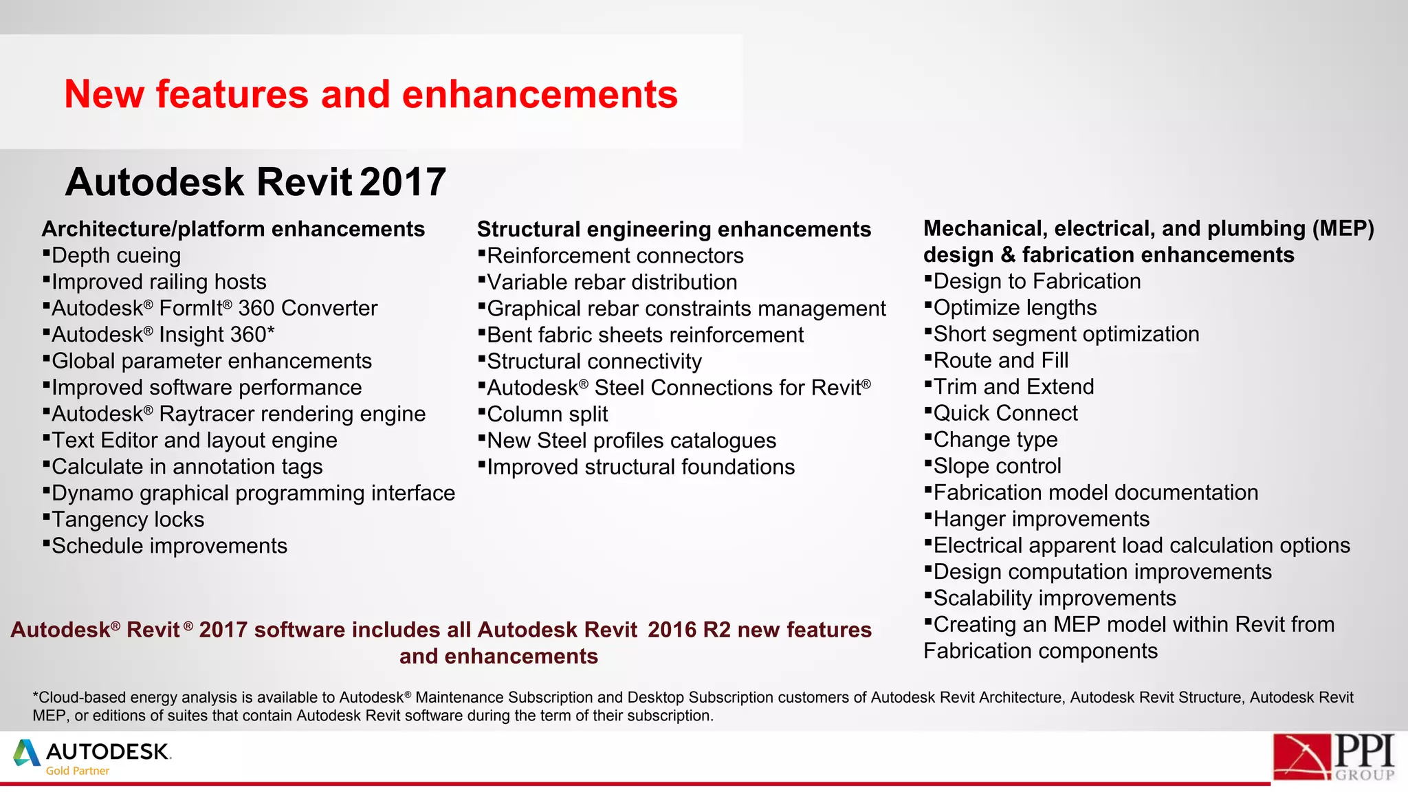 New features and enhancements
Architecture/platform enhancements
Depth cueing
Improved railing hosts
Autodesk®
FormIt®
360 Converter
Autodesk®
Insight 360*
Global parameter enhancements
Improved software performance
Autodesk®
Raytracer rendering engine
Text Editor and layout engine
Calculate in annotation tags
Dynamo graphical programming interface
Tangency locks
Schedule improvements
Autodesk Revit 2017
Structural engineering enhancements
Reinforcement connectors
Variable rebar distribution
Graphical rebar constraints management
Bent fabric sheets reinforcement
Structural connectivity
Autodesk®
Steel Connections for Revit®
Column split
New Steel profiles catalogues
Improved structural foundations
Mechanical, electrical, and plumbing (MEP)
design & fabrication enhancements
Design to Fabrication
Optimize lengths
Short segment optimization
Route and Fill
Trim and Extend
Quick Connect
Change type
Slope control
Fabrication model documentation
Hanger improvements
Electrical apparent load calculation options
Design computation improvements
Scalability improvements
Creating an MEP model within Revit from
Fabrication components
Autodesk®
Revit ®
2017 software includes all Autodesk Revit 2016 R2 new features
and enhancements
*Cloud-based energy analysis is available to Autodesk®
Maintenance Subscription and Desktop Subscription customers of Autodesk Revit Architecture, Autodesk Revit Structure, Autodesk Revit
MEP, or editions of suites that contain Autodesk Revit software during the term of their subscription.
 