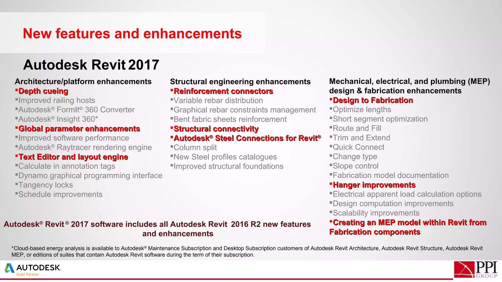 New features and enhancements
Architecture/platform enhancements
Depth cueingDepth cueing
Improved railing hosts
Autodesk®
FormIt®
360 Converter
Autodesk®
Insight 360*
Global parameter enhancementsGlobal parameter enhancements
Improved software performance
Autodesk®
Raytracer rendering engine
Text Editor and layout engineText Editor and layout engine
Calculate in annotation tags
Dynamo graphical programming interface
Tangency locks
Schedule improvements
Autodesk Revit 2017
Structural engineering enhancements
Reinforcement connectorsReinforcement connectors
Variable rebar distribution
Graphical rebar constraints management
Bent fabric sheets reinforcement
Structural connectivityStructural connectivity
AutodeskAutodesk®®
Steel Connections for RevitSteel Connections for Revit®®
Column split
New Steel profiles catalogues
Improved structural foundations
Mechanical, electrical, and plumbing (MEP)
design & fabrication enhancements
Design to FabricationDesign to Fabrication
Optimize lengths
Short segment optimization
Route and Fill
Trim and Extend
Quick Connect
Change type
Slope control
Fabrication model documentation
Hanger improvementsHanger improvements
Electrical apparent load calculation options
Design computation improvements
Scalability improvements
Creating an MEP model within Revit fromCreating an MEP model within Revit from
Fabrication componentsFabrication components
Autodesk®
Revit ®
2017 software includes all Autodesk Revit 2016 R2 new features
and enhancements
*Cloud-based energy analysis is available to Autodesk®
Maintenance Subscription and Desktop Subscription customers of Autodesk Revit Architecture, Autodesk Revit Structure, Autodesk Revit
MEP, or editions of suites that contain Autodesk Revit software during the term of their subscription.
 